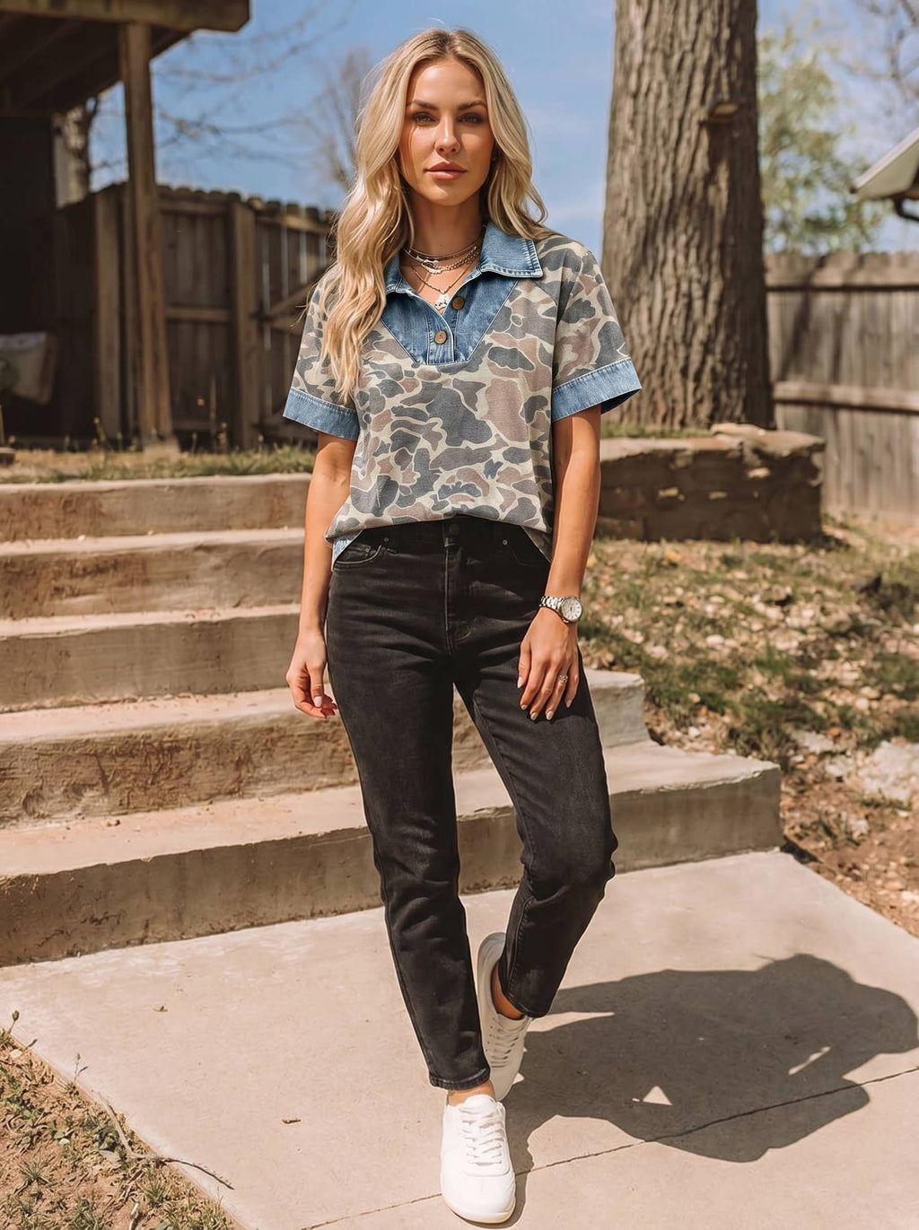 Patchwork Camouflage Collared Top