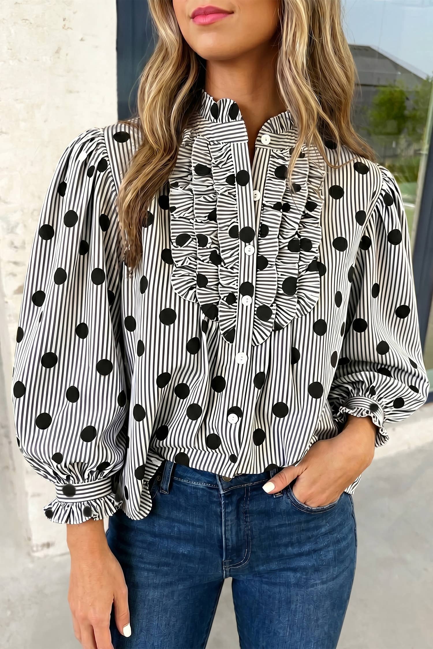 Striped Print Polka Dot Ruffle Neck Shirts