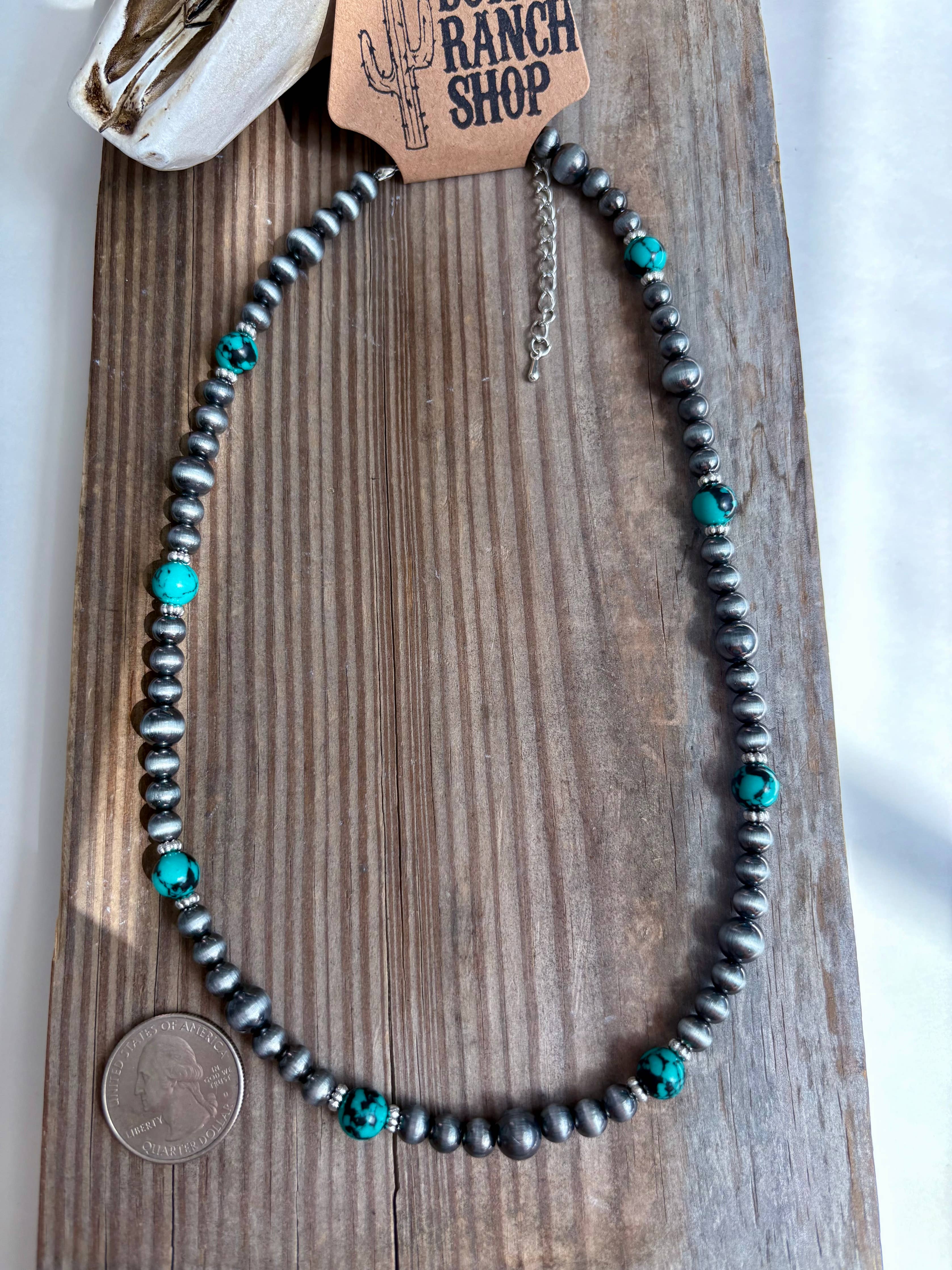 Western Navajo Pearl & Turquoise Stone Bead Necklace: PINK