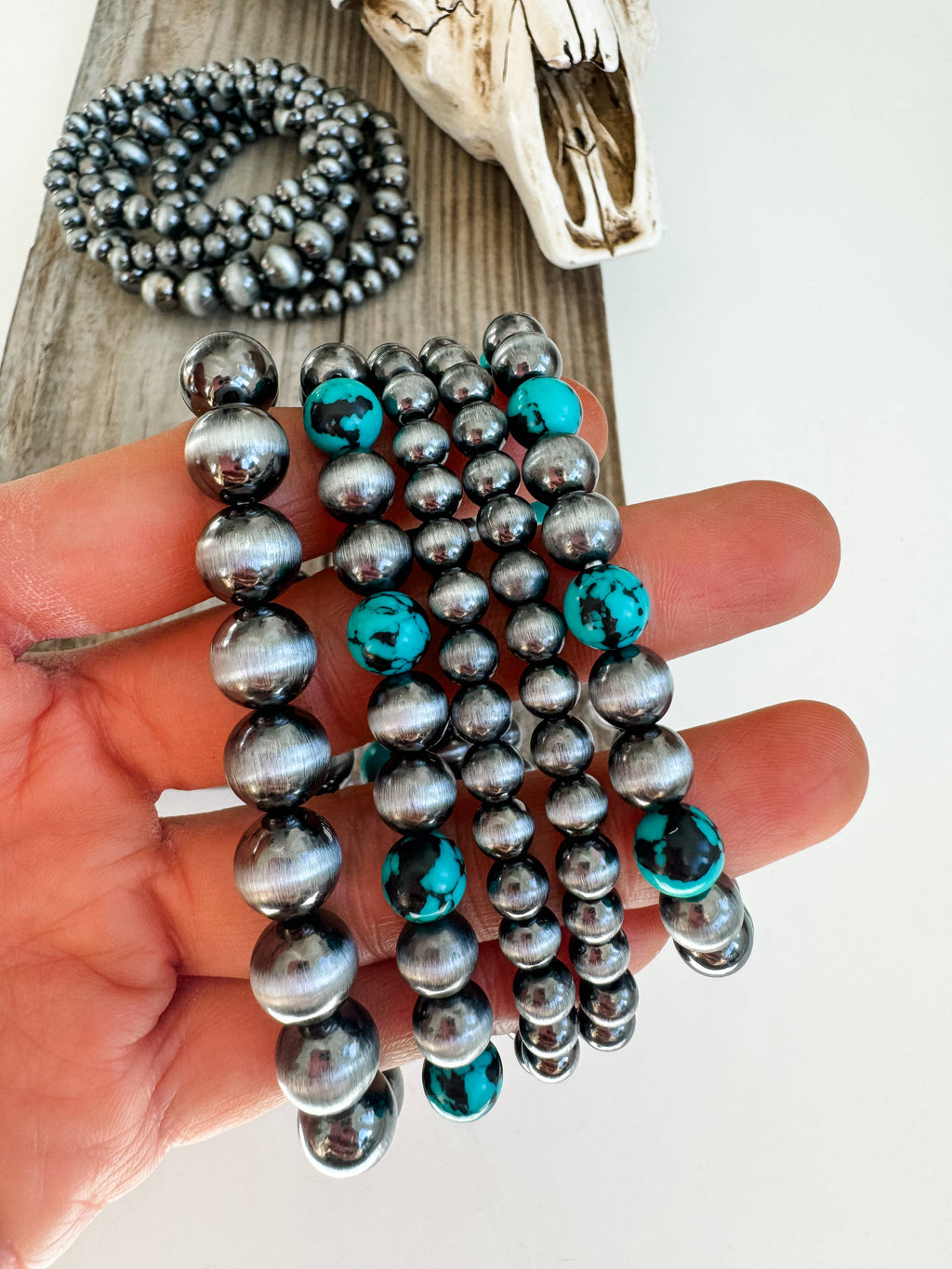 Western Navajo Style Bead Stretch Bracelets: SILVER
