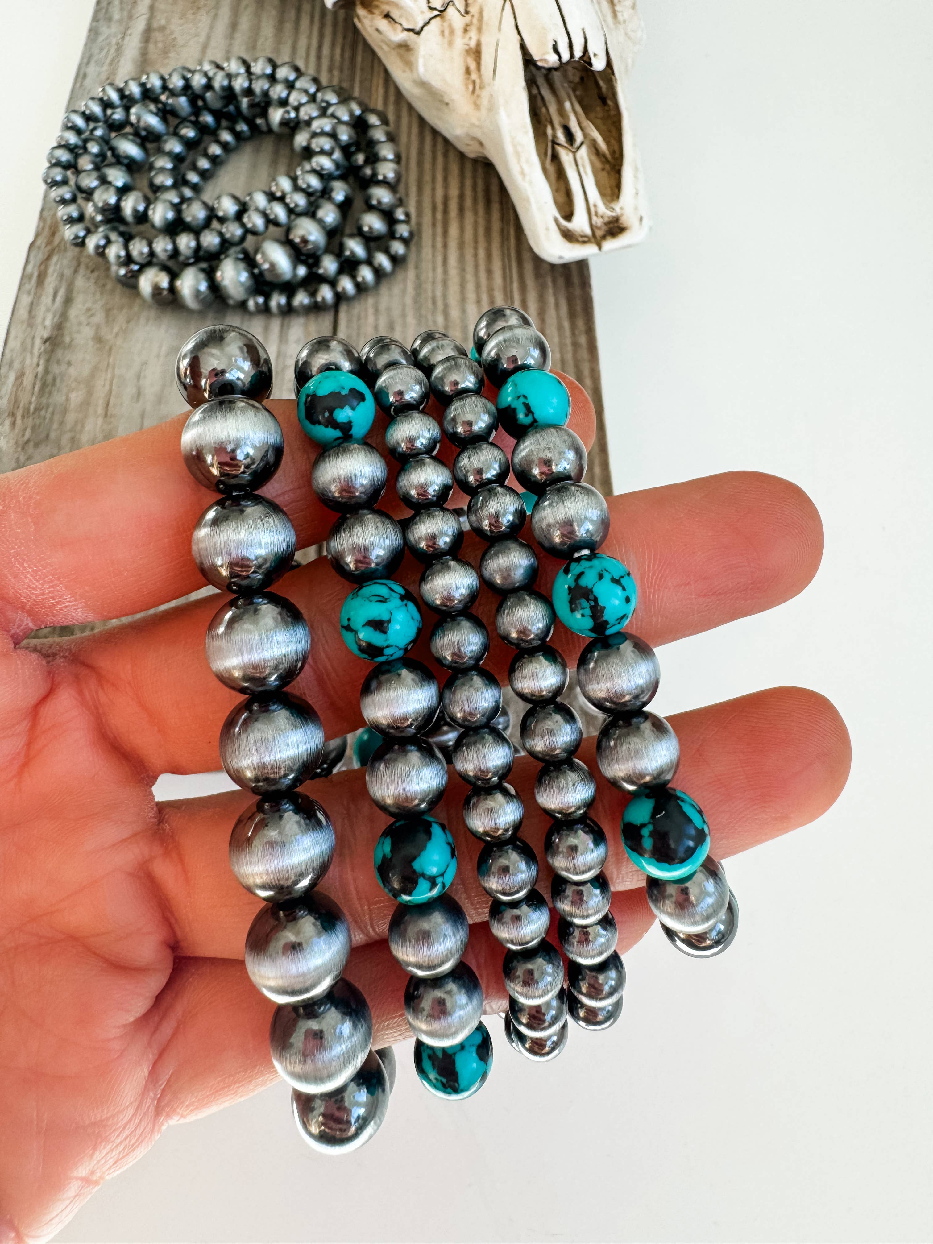 Western Navajo Style Bead Stretch Bracelets: SILVER