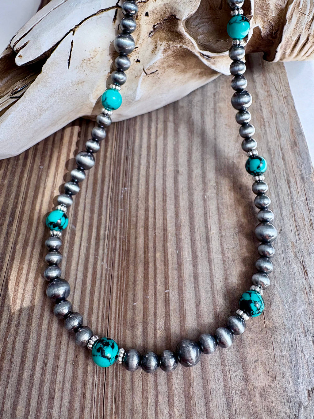 Western Navajo Pearl & Turquoise Stone Bead Necklace: PINK