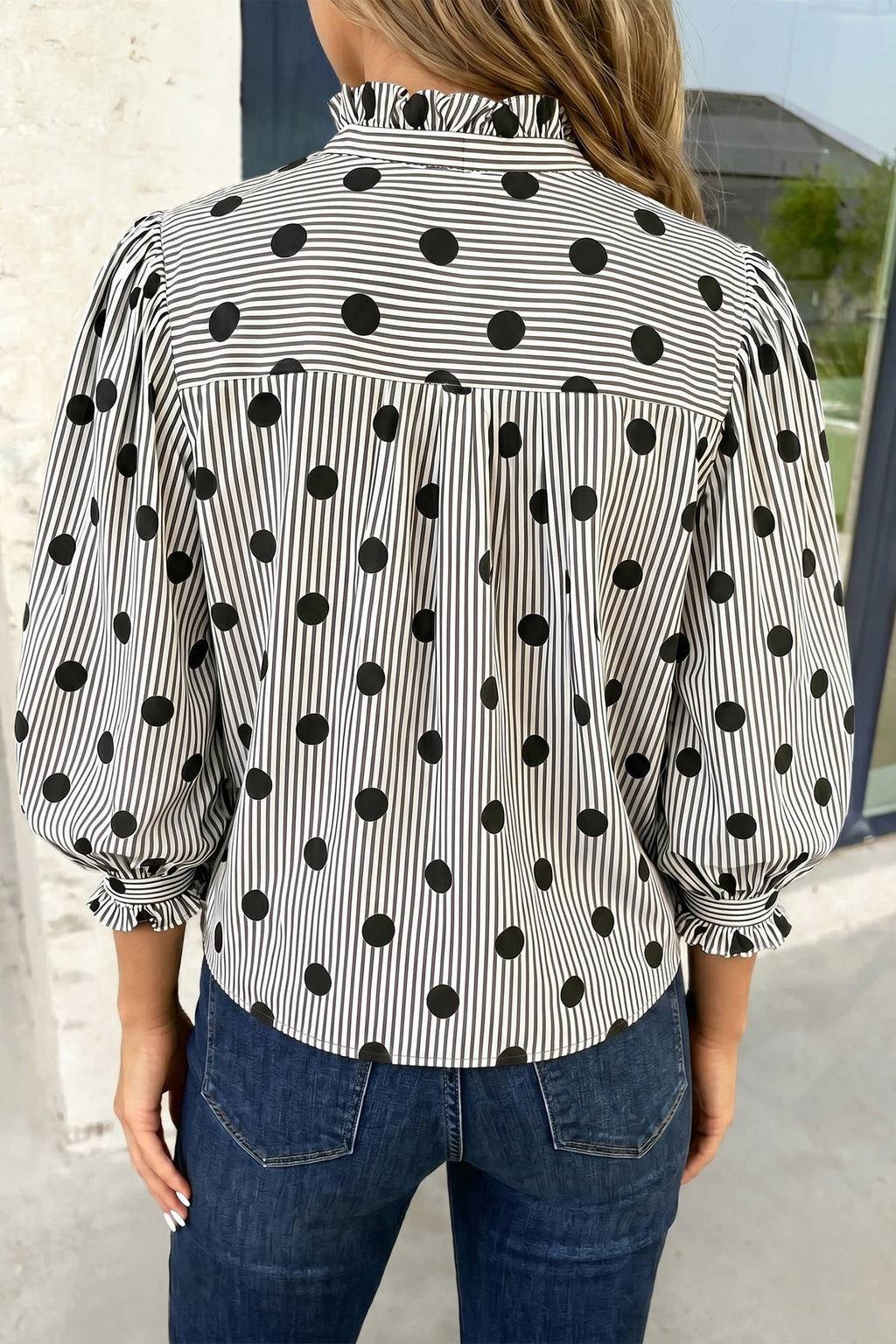 Striped Print Polka Dot Ruffle Neck Shirts
