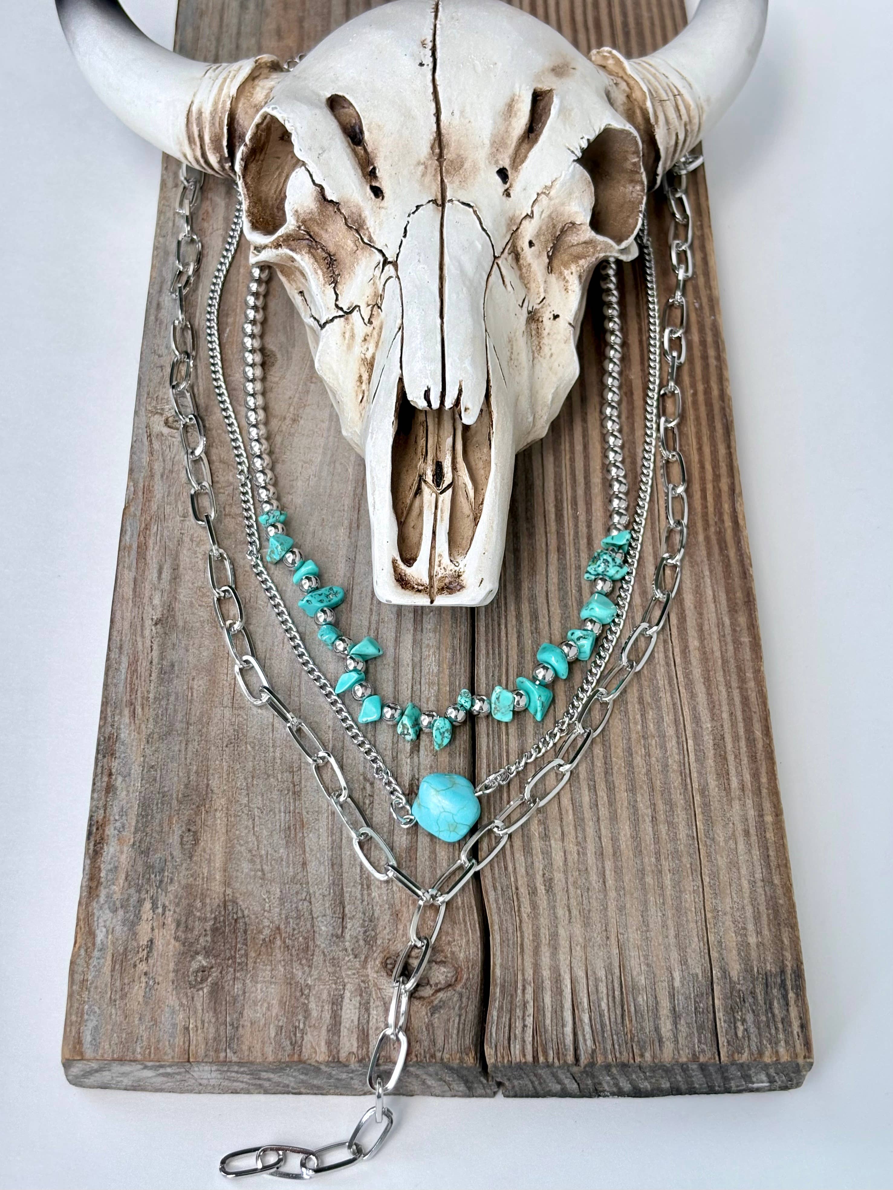 3 Piece Western Turquoise Stone Link Chain Necklace Set
