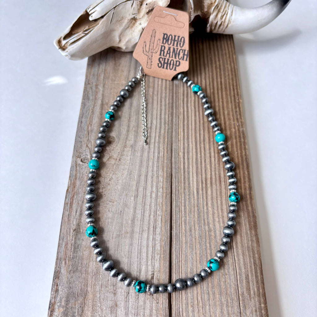 Western Navajo Pearl & Turquoise Stone Bead Necklace: PINK