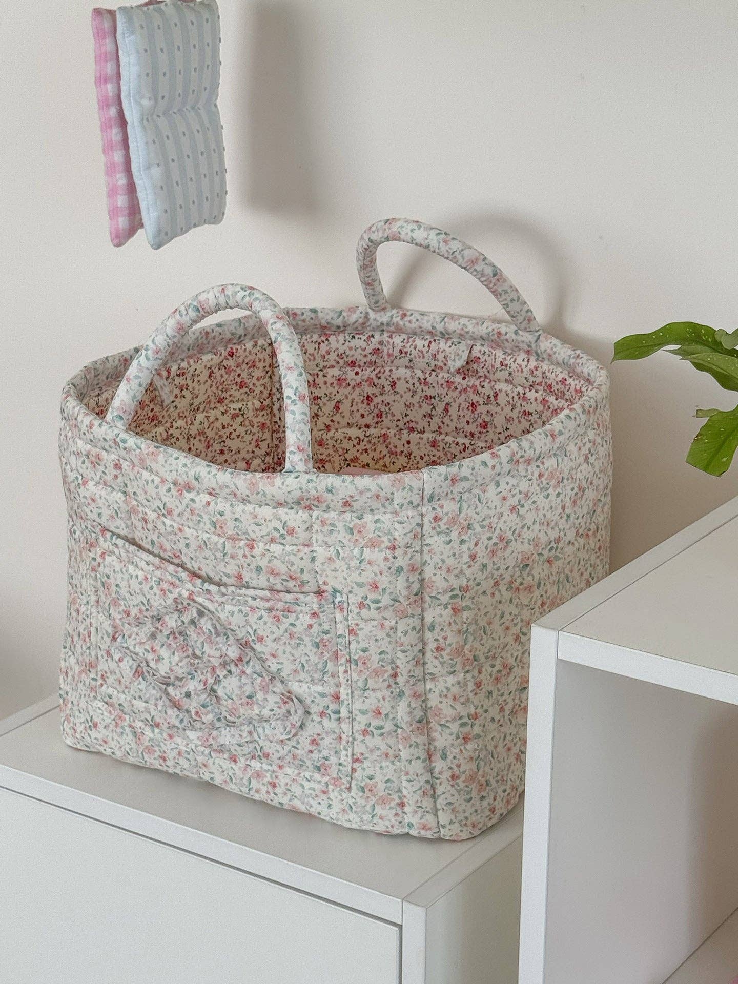 Quilted Floral Storage Tote: Pink Green Floral