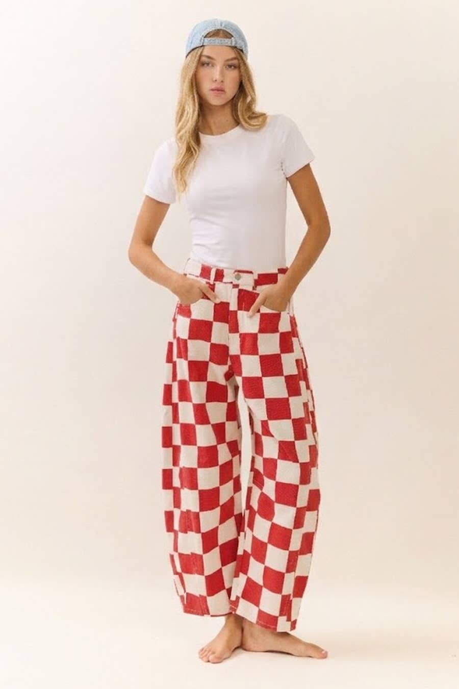 Checkered Printed Barrel Denim Pants