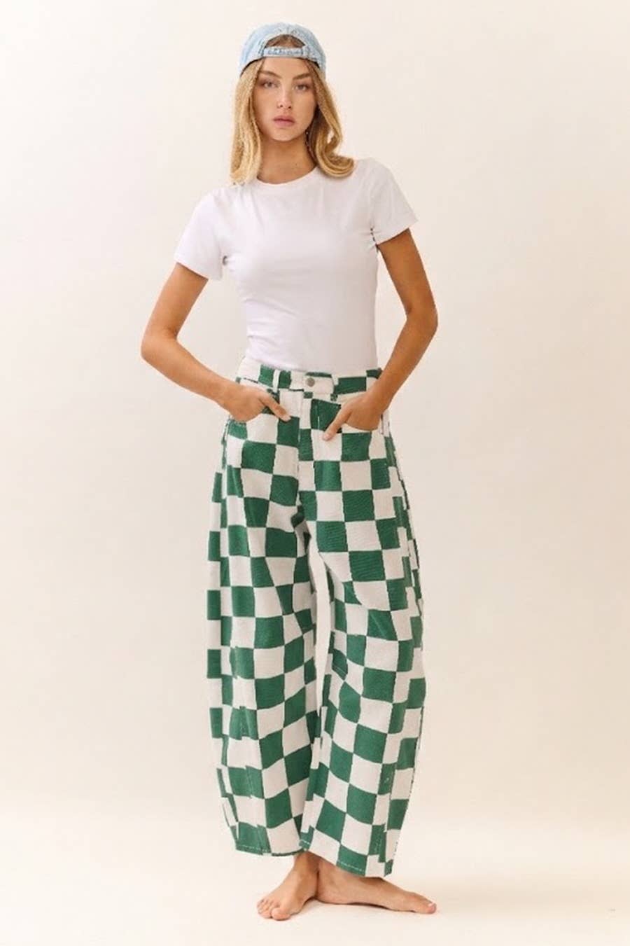 Checkered Kelly Green Barrel Jeans