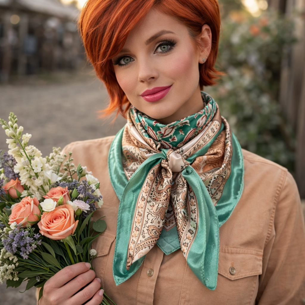 Teal, Brown and Tan Floral Wild Rag - Western Scarf