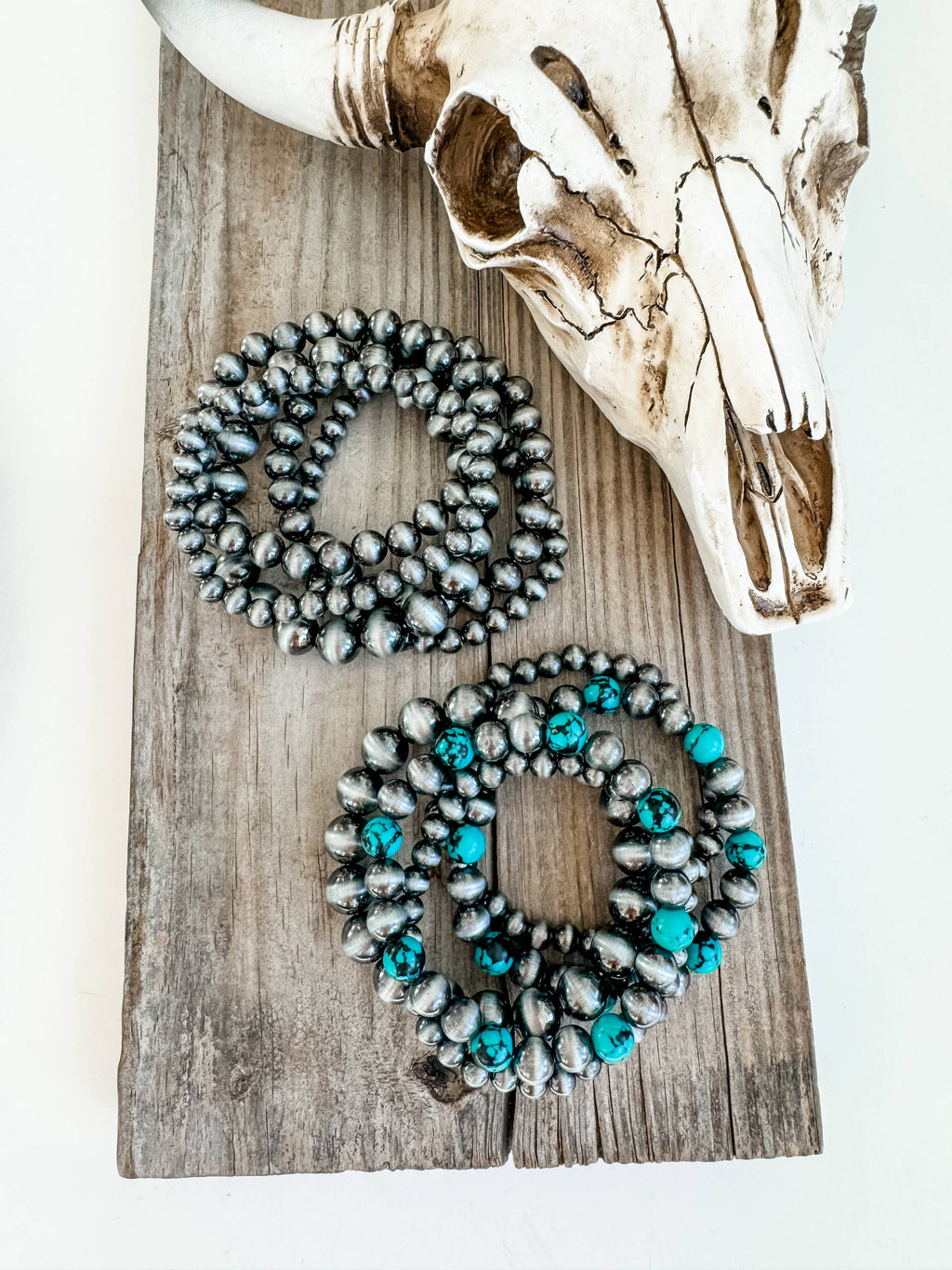 Western Navajo Style Bead Stretch Bracelets: SILVER