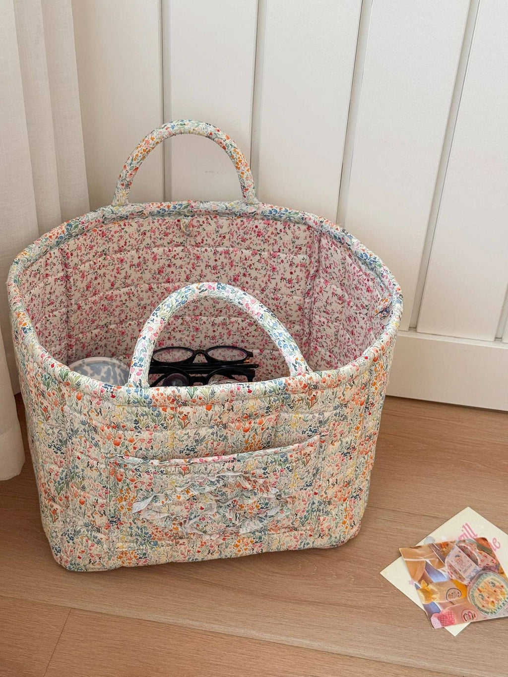 Quilted Floral Storage Tote: Multicolor Floral