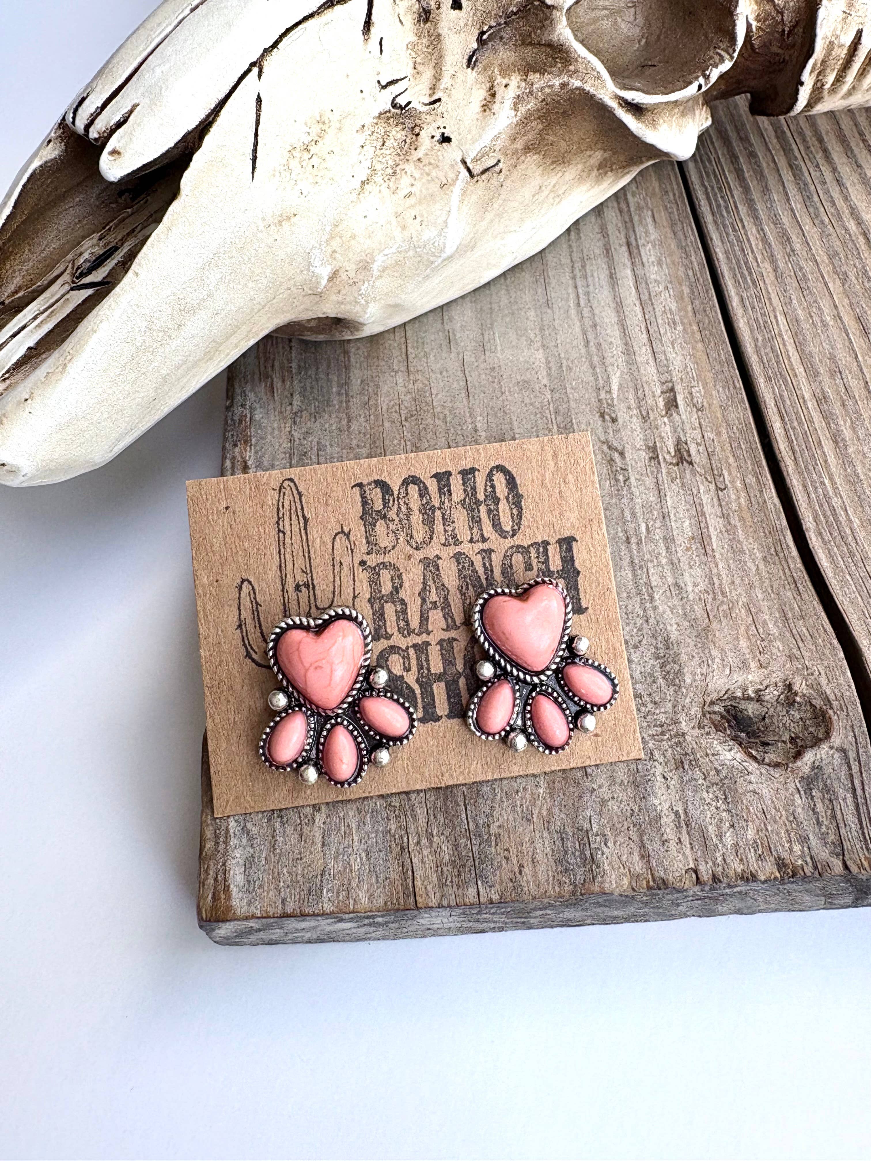Western Heart Stone Stud Earrings: Peach