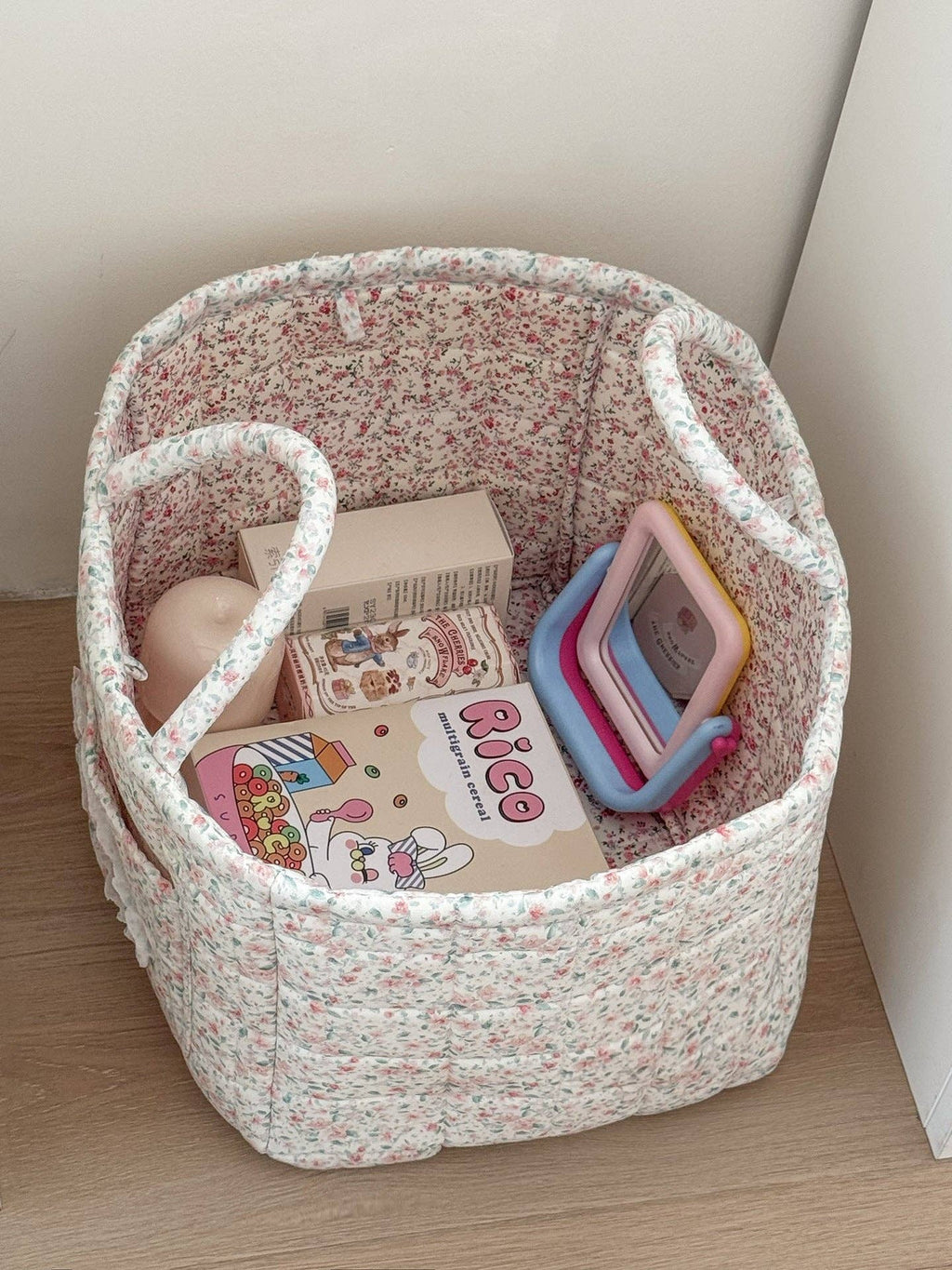 Quilted Floral Storage Tote: Pink Green Floral
