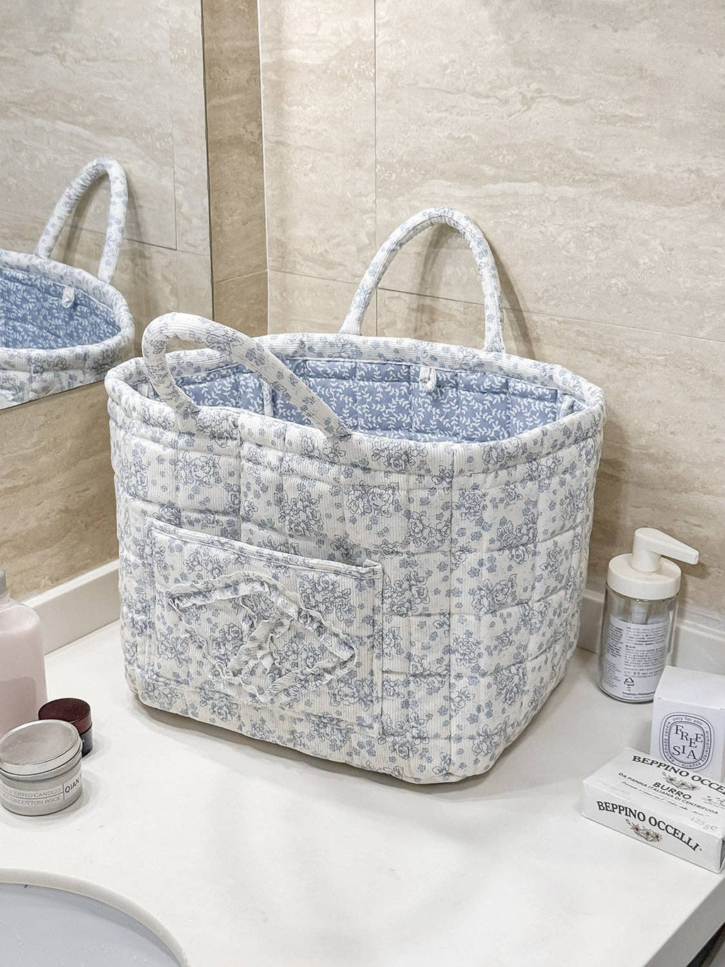 Corduroy Floral Storage Tote: Blue