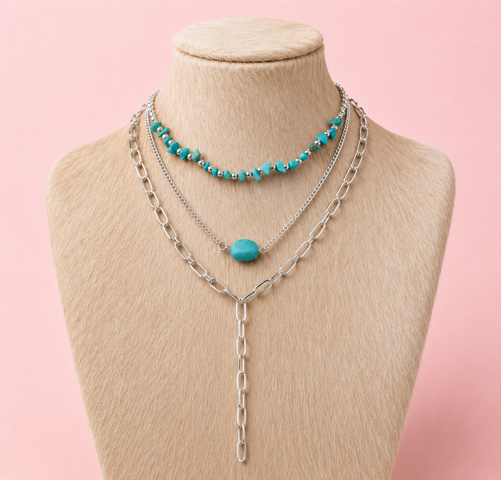 3 Piece Western Turquoise Stone Link Chain Necklace Set