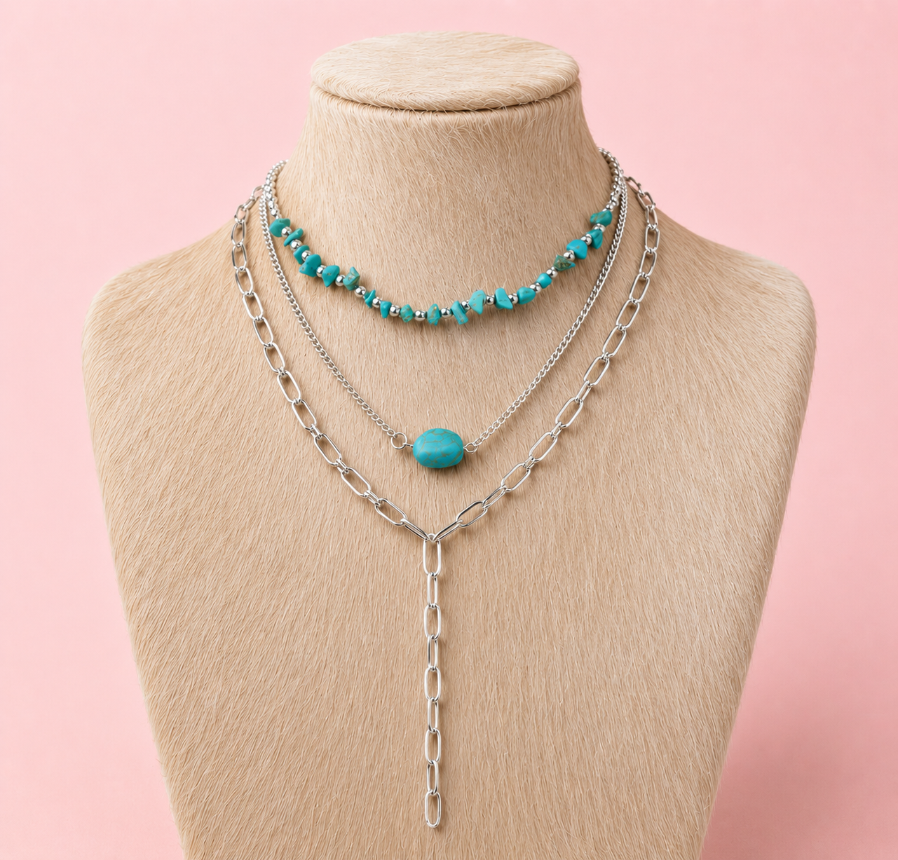 3 Piece Western Turquoise Stone Link Chain Necklace Set