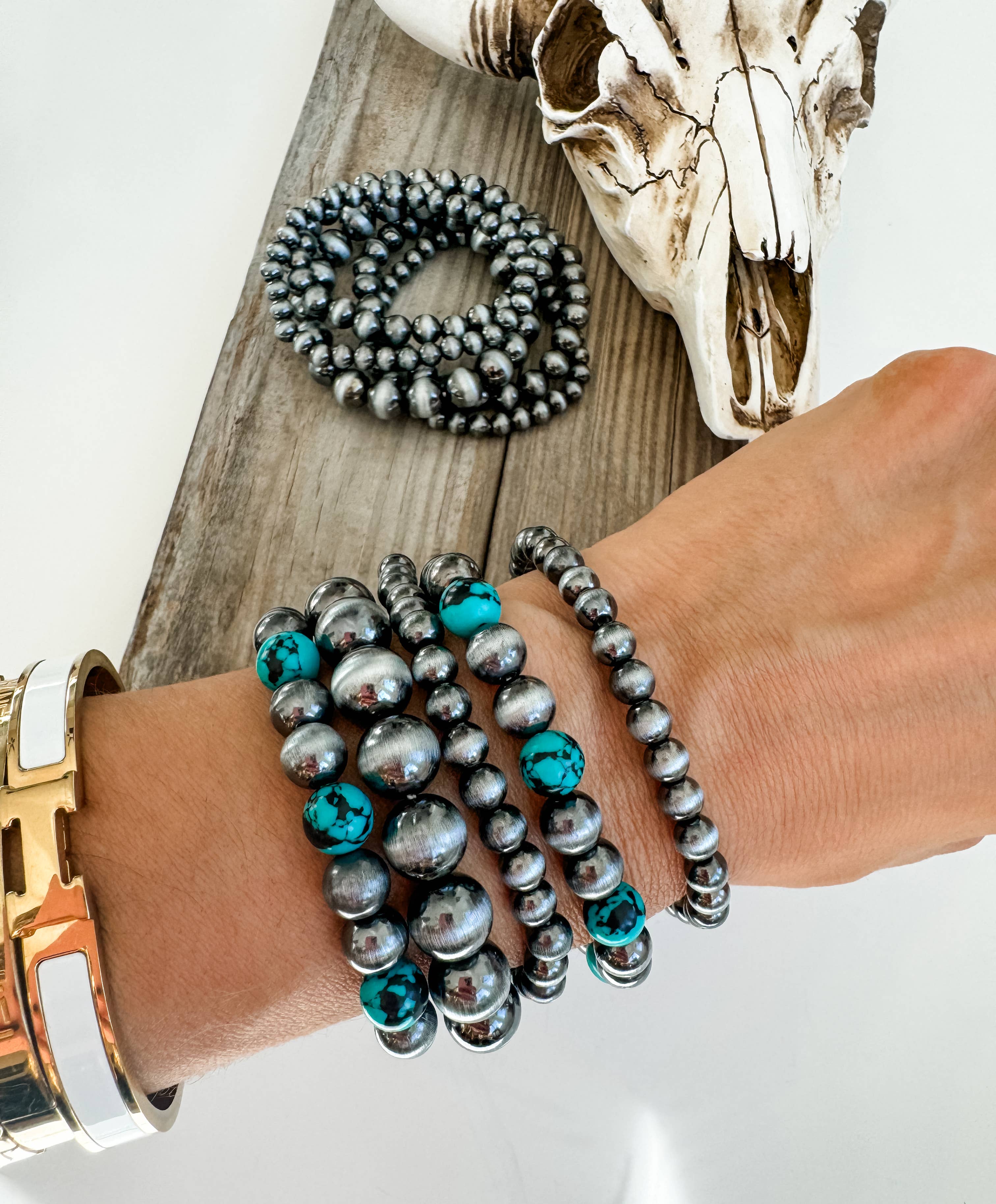 Western Navajo Style Bead Stretch Bracelets: SILVER