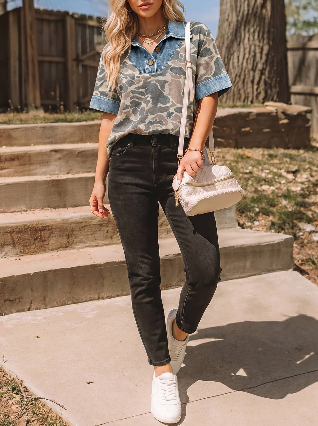Patchwork Camouflage Collared Top
