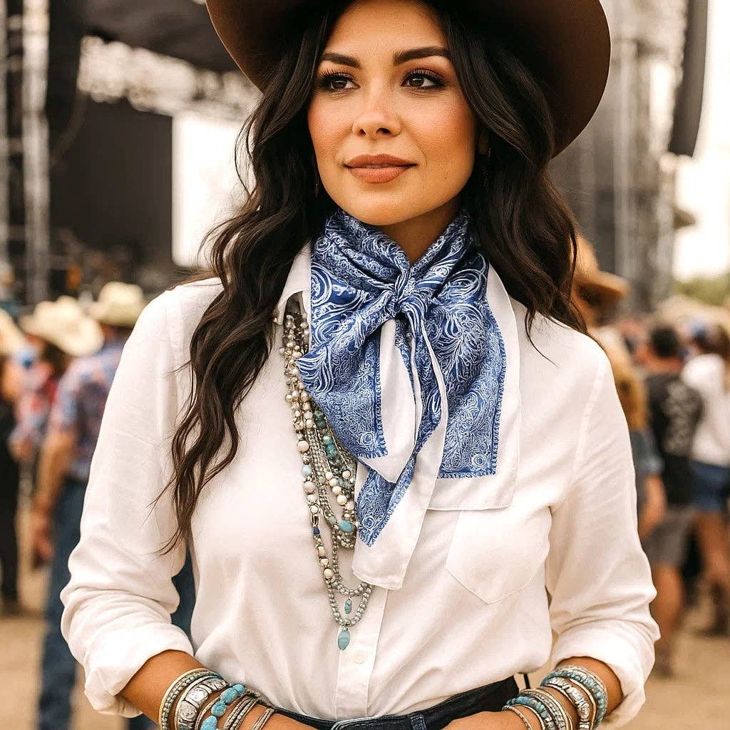 Blue & White Paisley Wild Rag - Western Scarf
