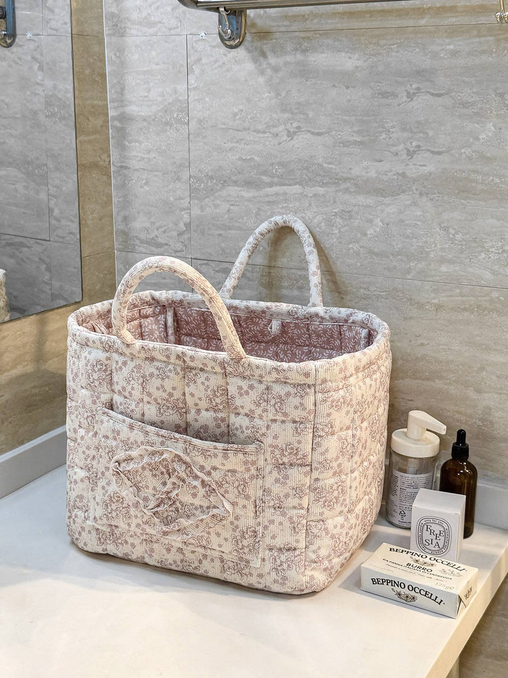 Corduroy Floral Storage Tote: Blue