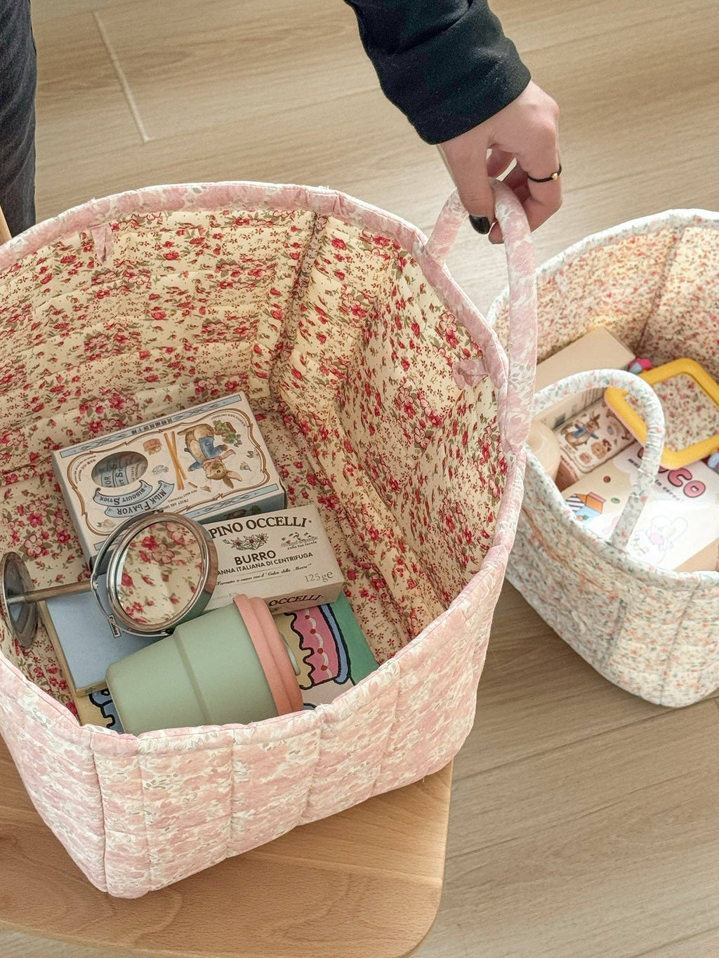 Quilted Floral Storage Tote: Pink Green Floral