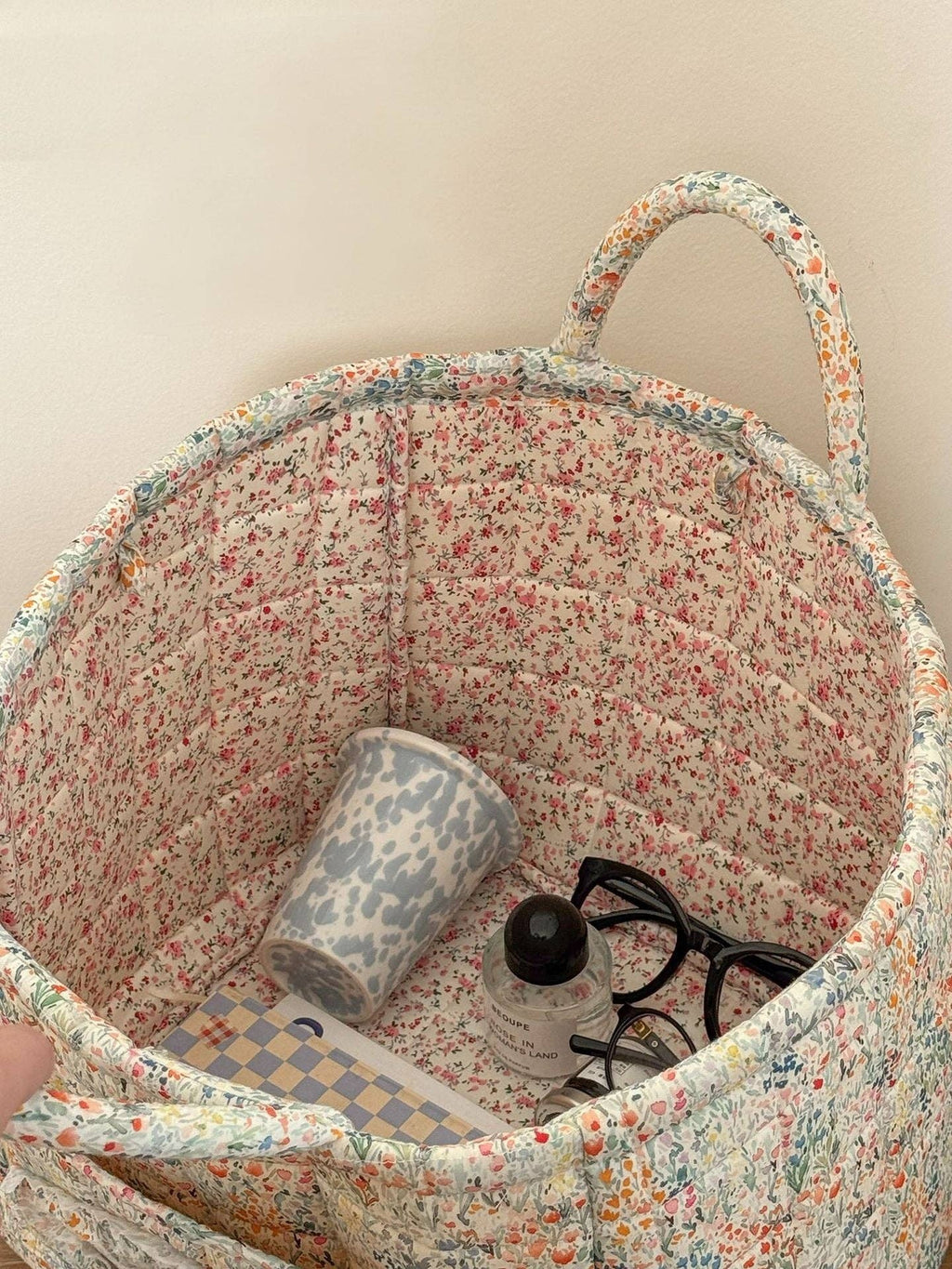 Quilted Floral Storage Tote: Pink