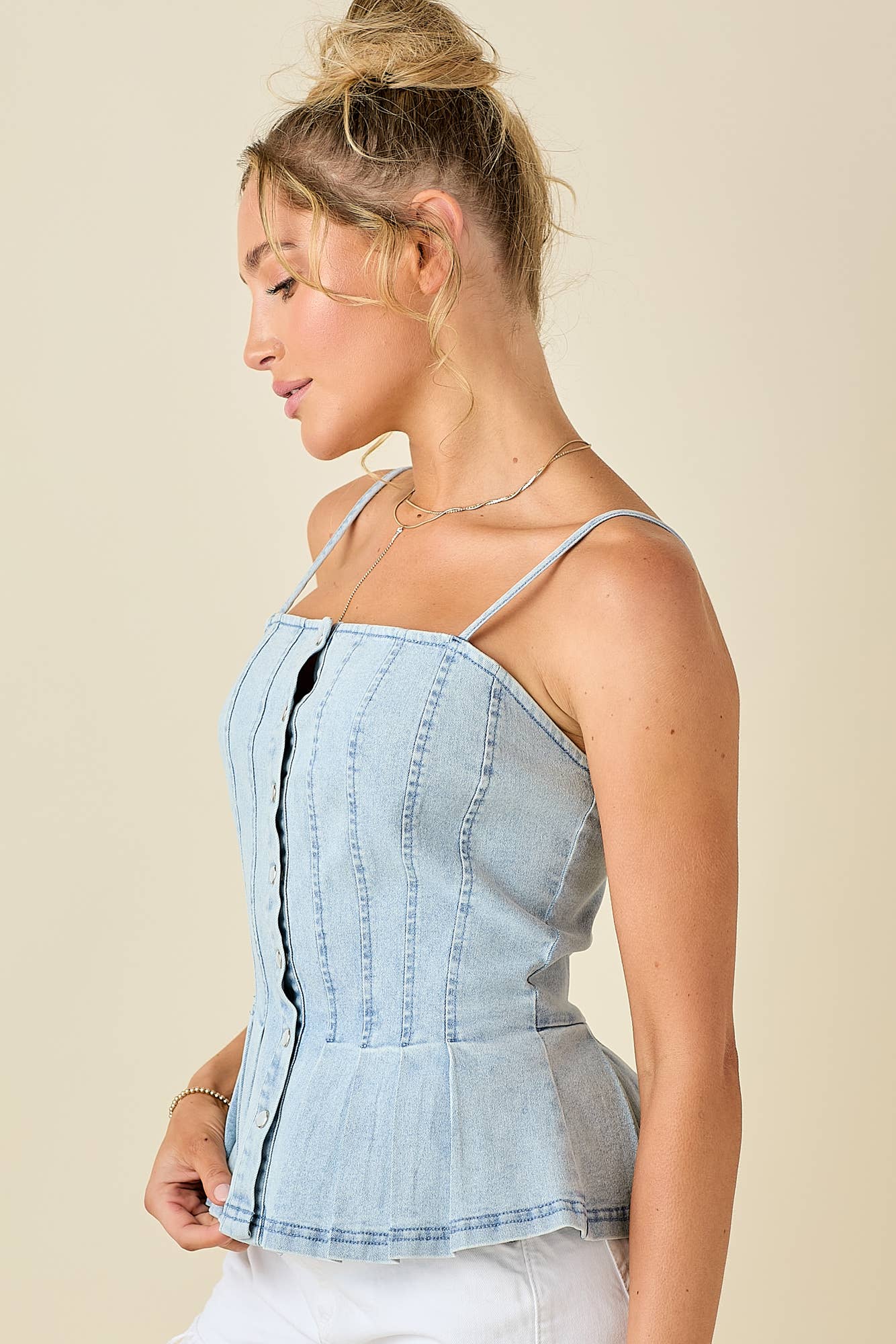 Pleated denim camisole top