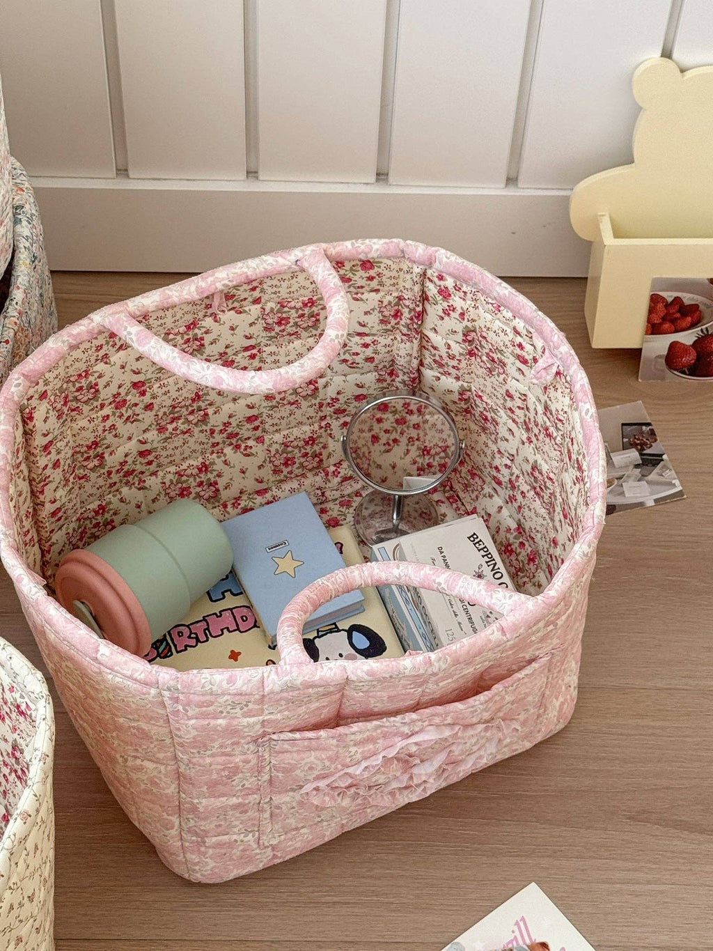 Quilted Floral Storage Tote: Pink Green Floral