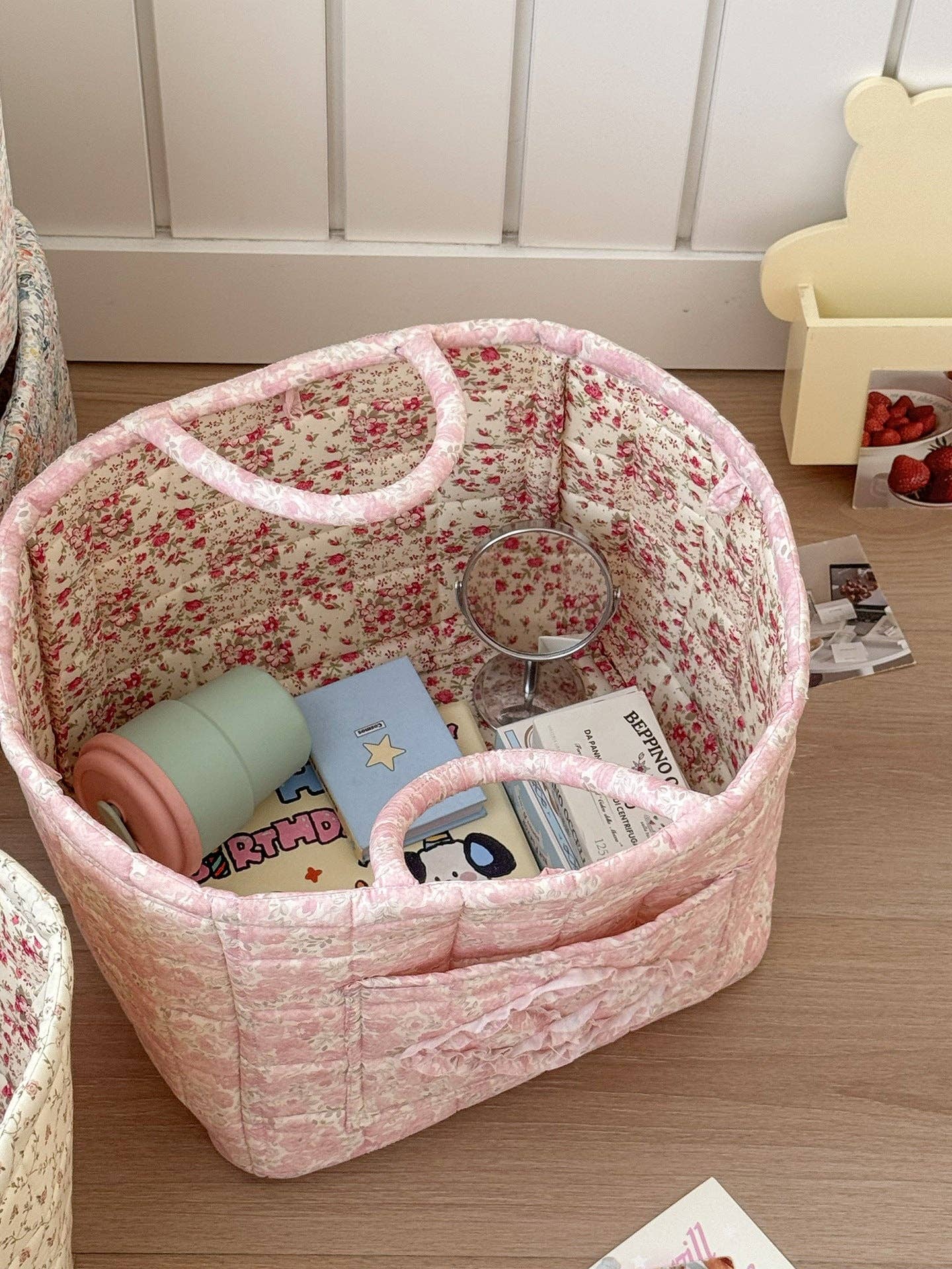 Quilted Floral Storage Tote: Pink Green Floral