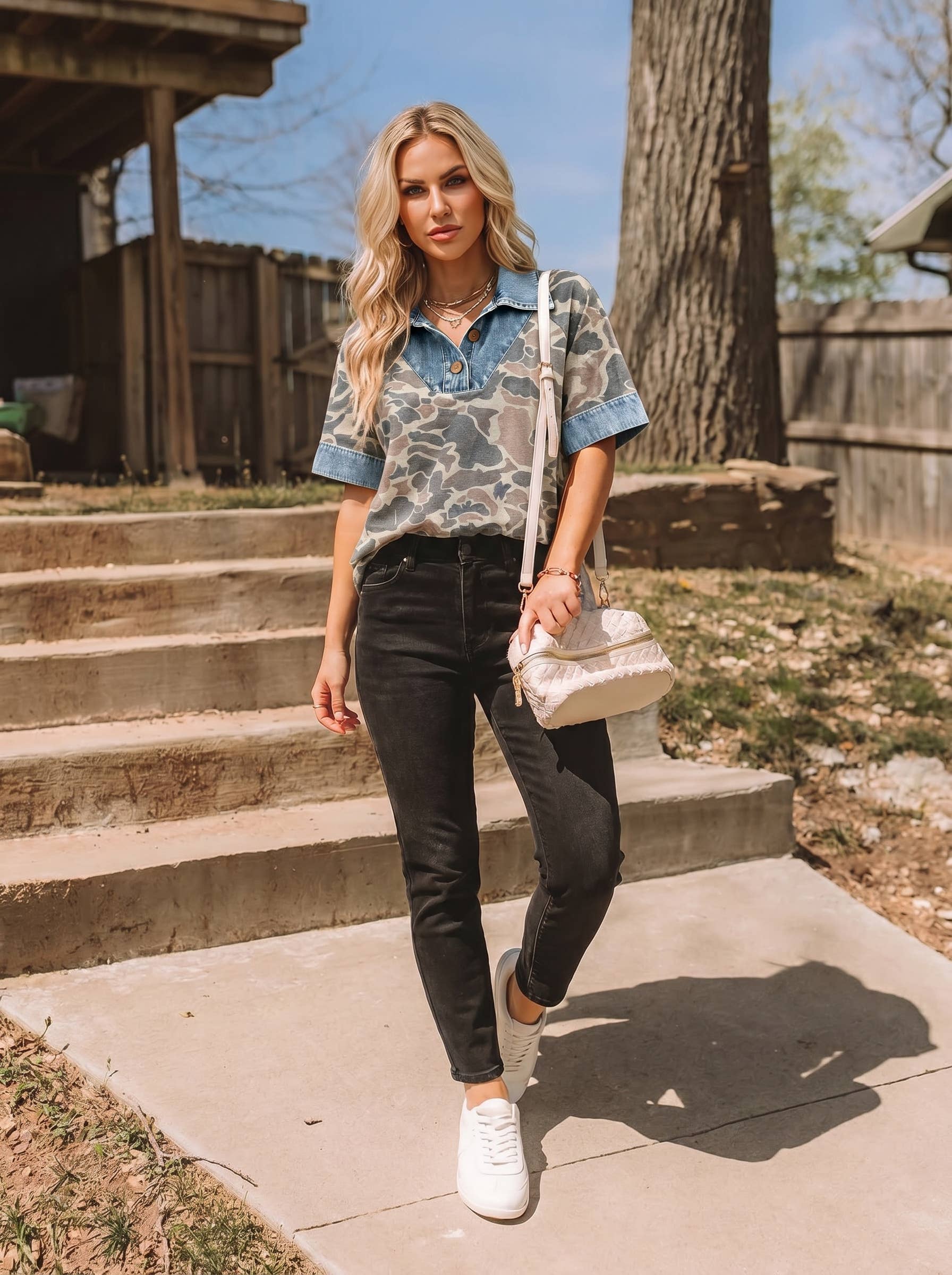 Patchwork Camouflage Collared Top