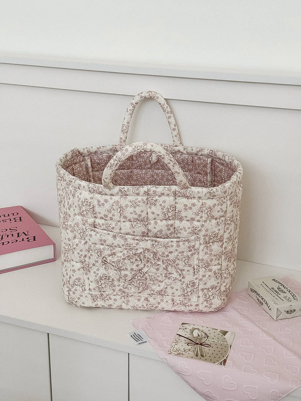 Corduroy Floral Storage Tote: Pink