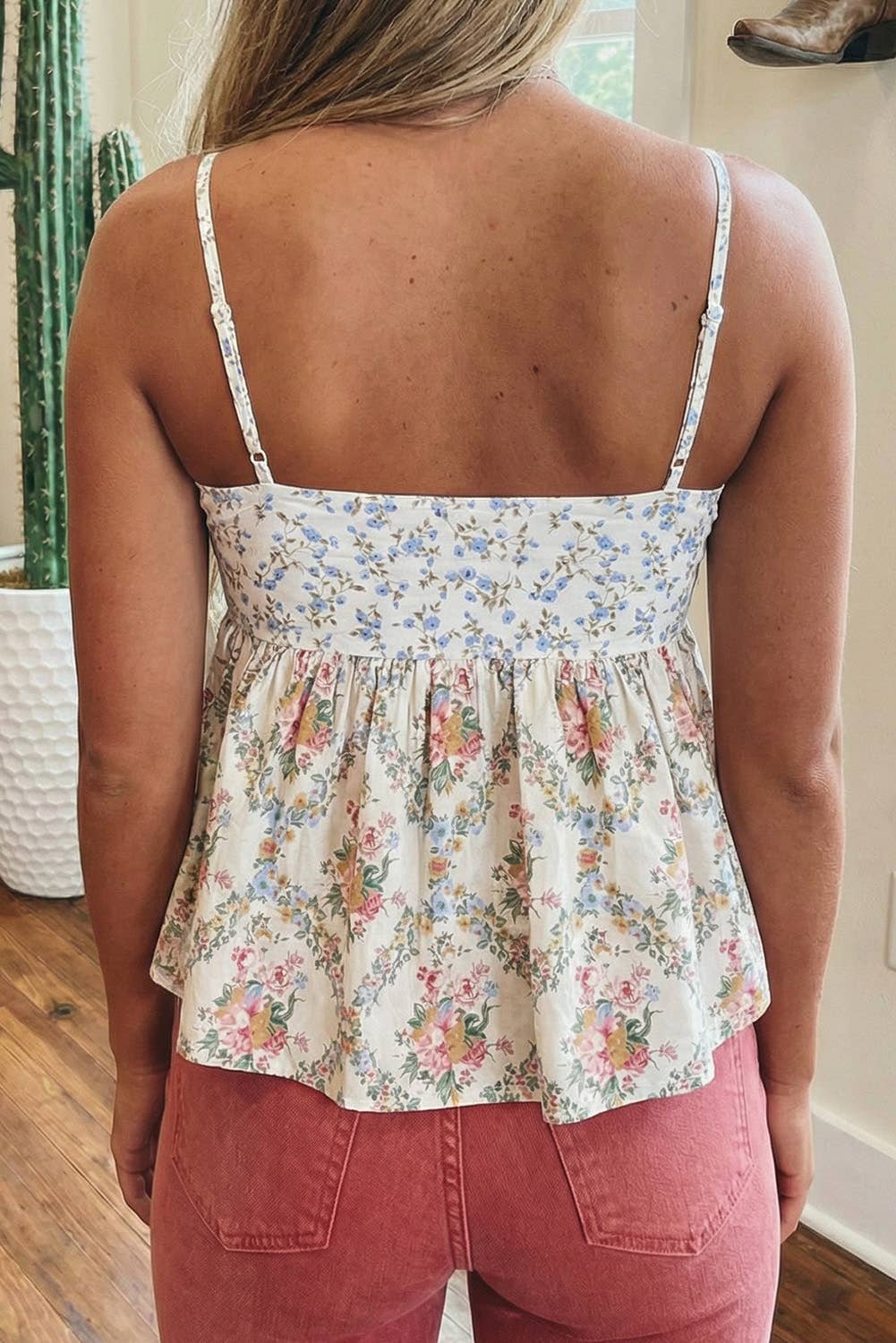 Floral Patchwork Spaghetti Straps Babydoll Top