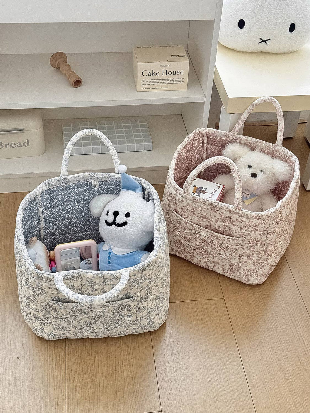 Corduroy Floral Storage Tote: Blue
