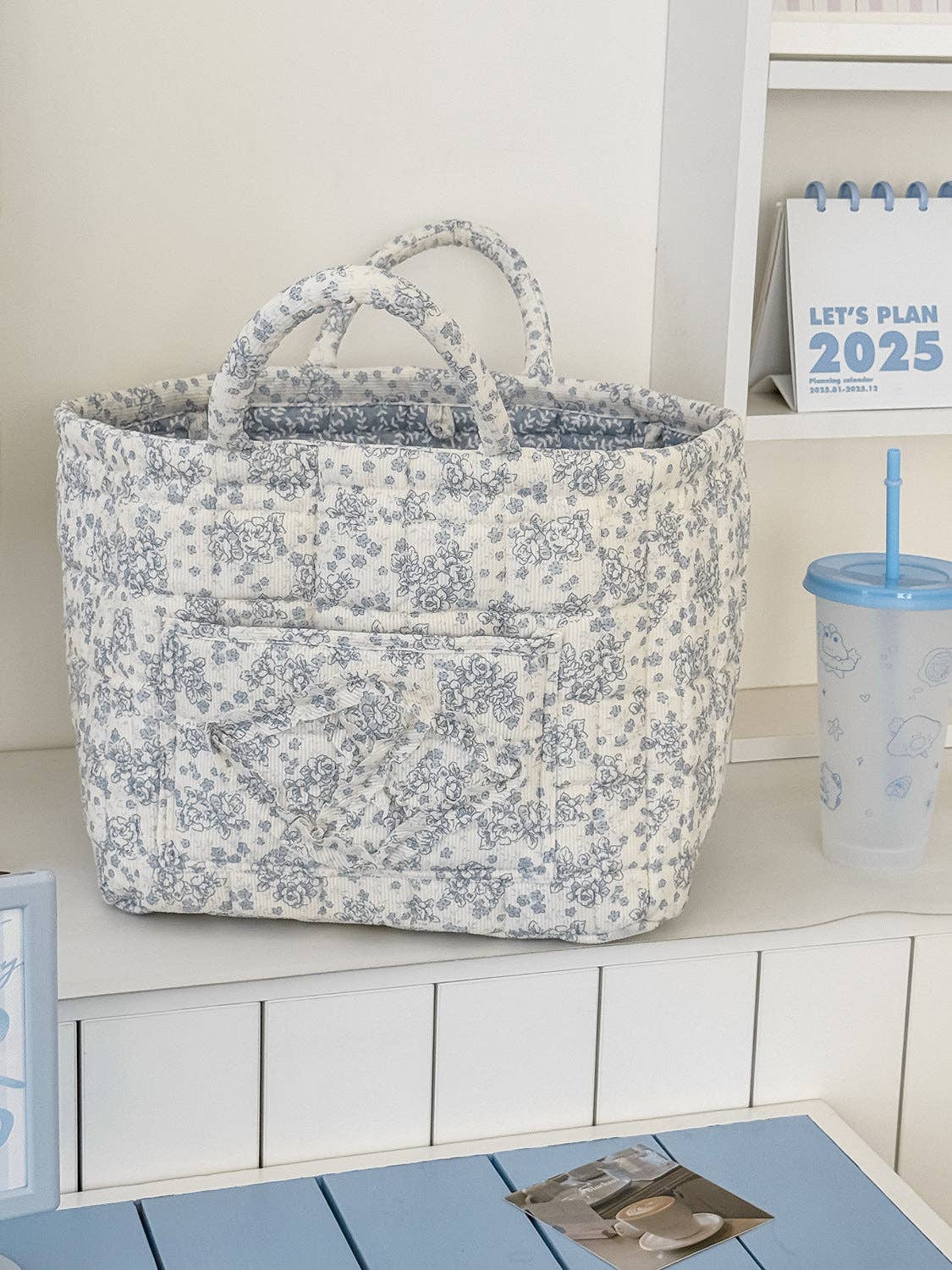 Corduroy Floral Storage Tote: Blue