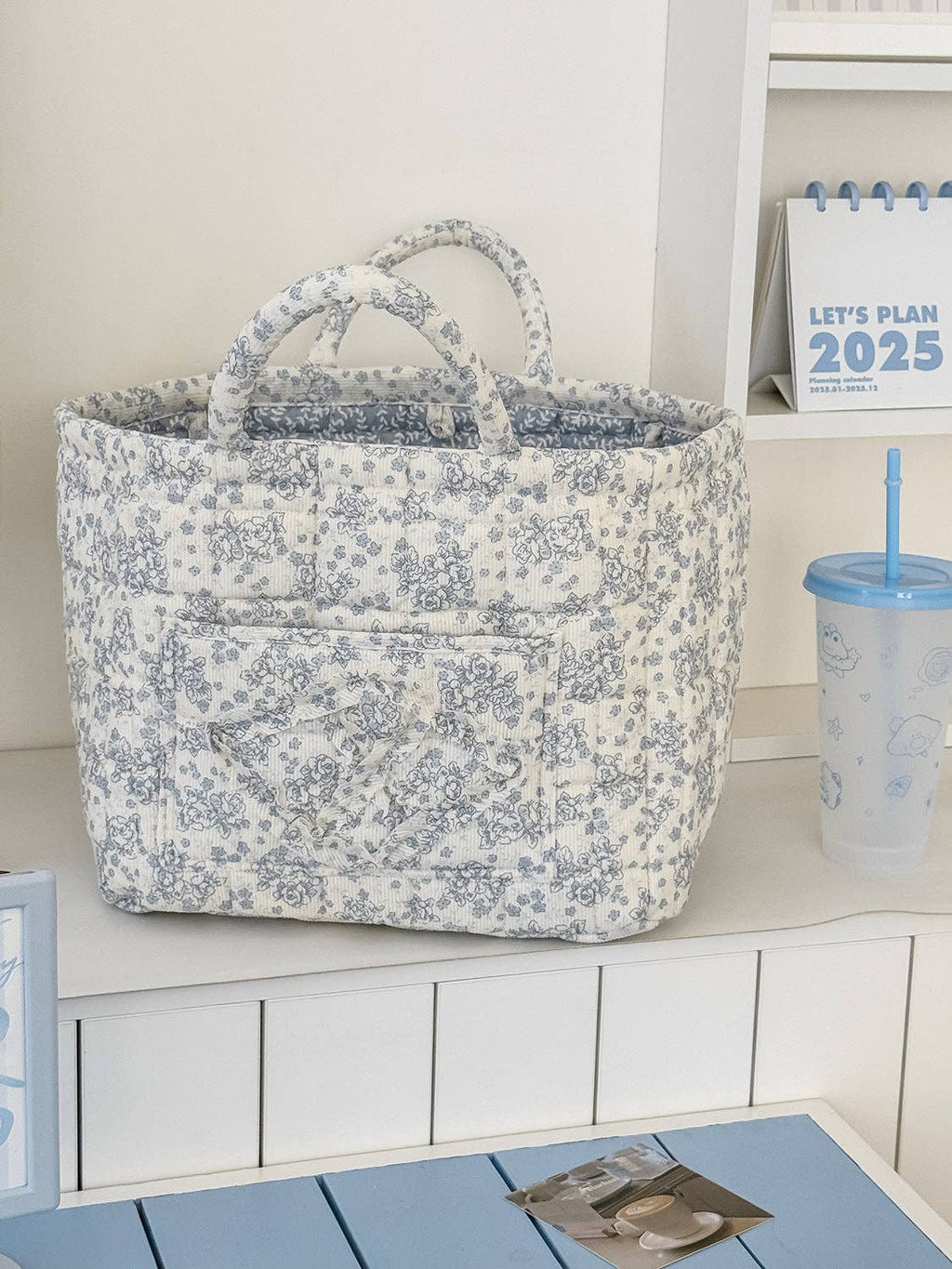 Corduroy Floral Storage Tote: Pink