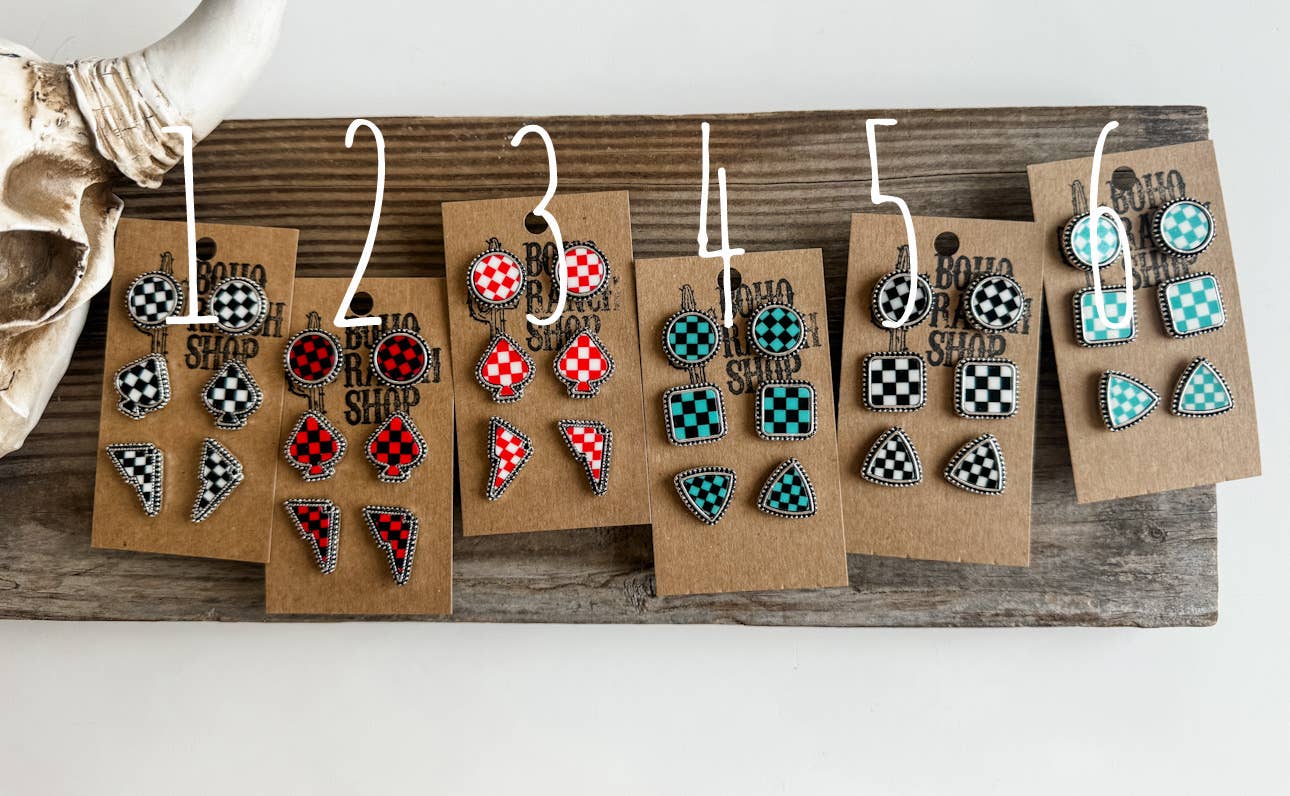 Western Checker Shape Post Combo Earring Set: 3