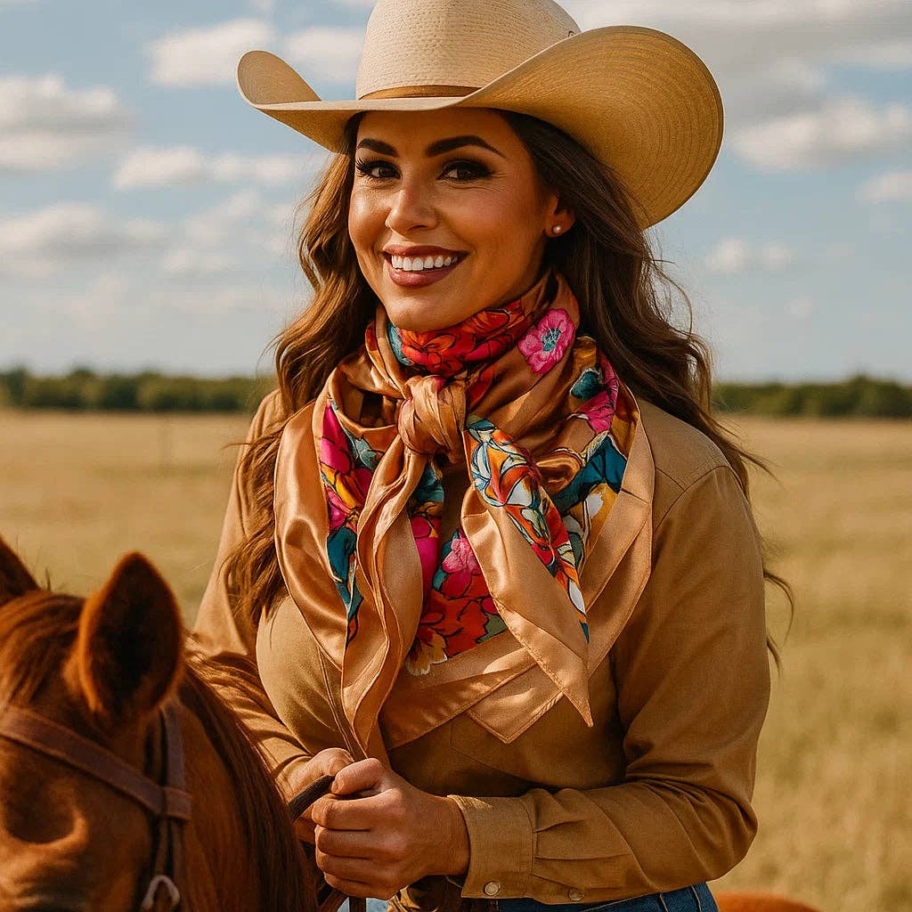 Tan Big Floral Wild Rag - Western Scarf