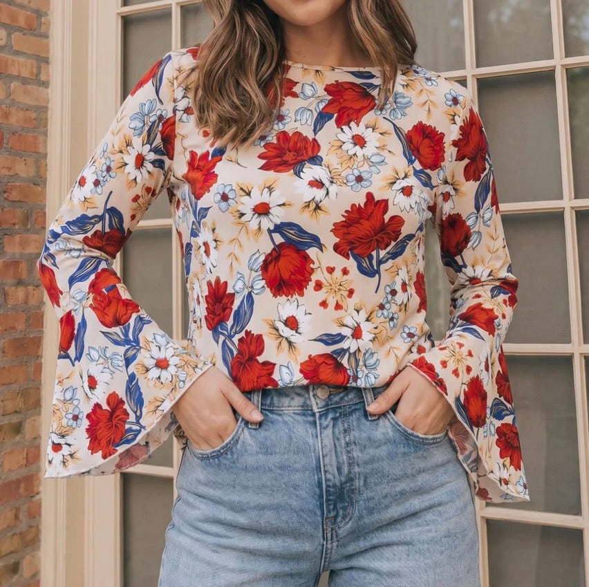 Taupe and rust bell sleeve top