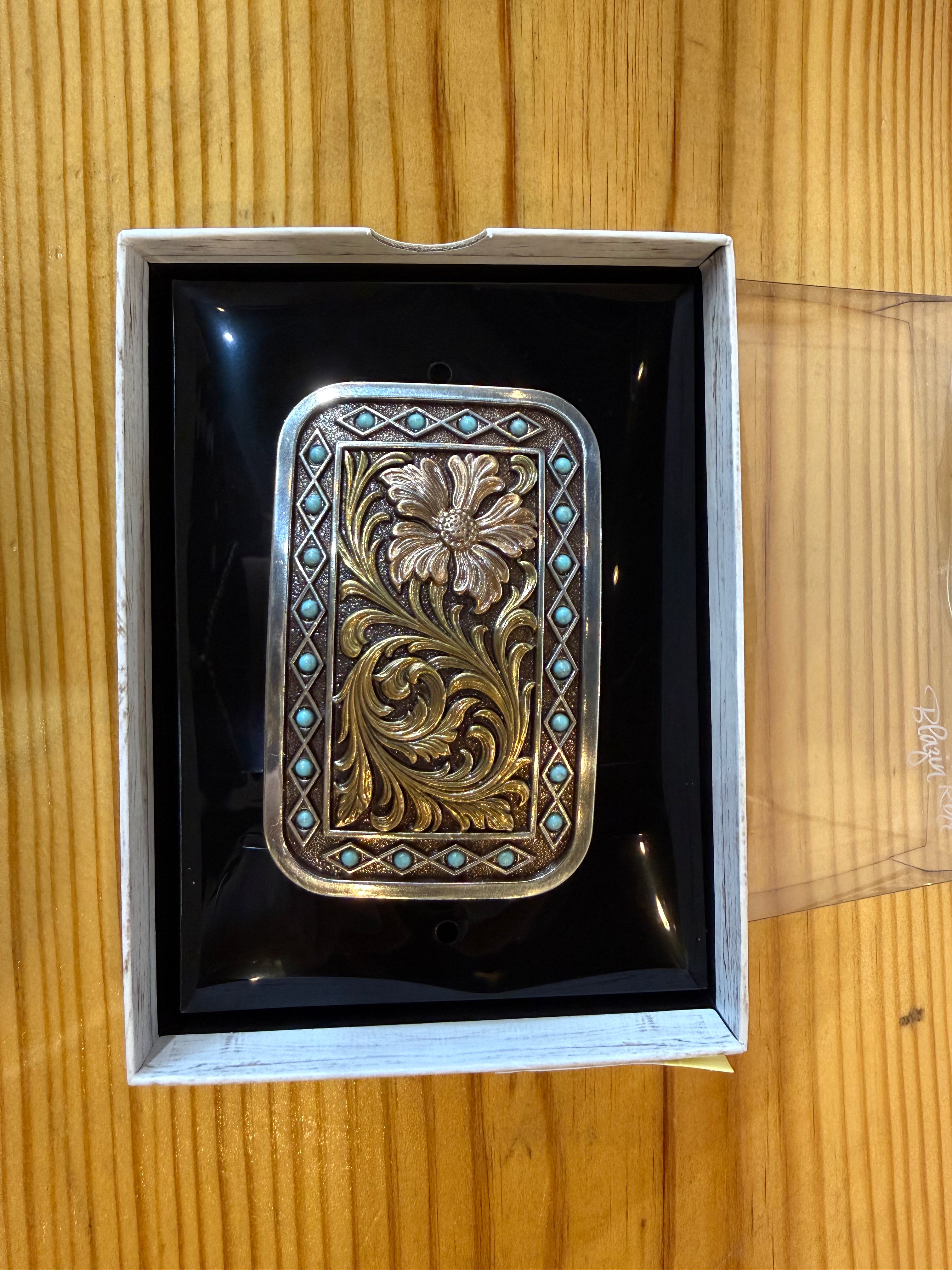 Rectangle flower and turquoise belt buckle