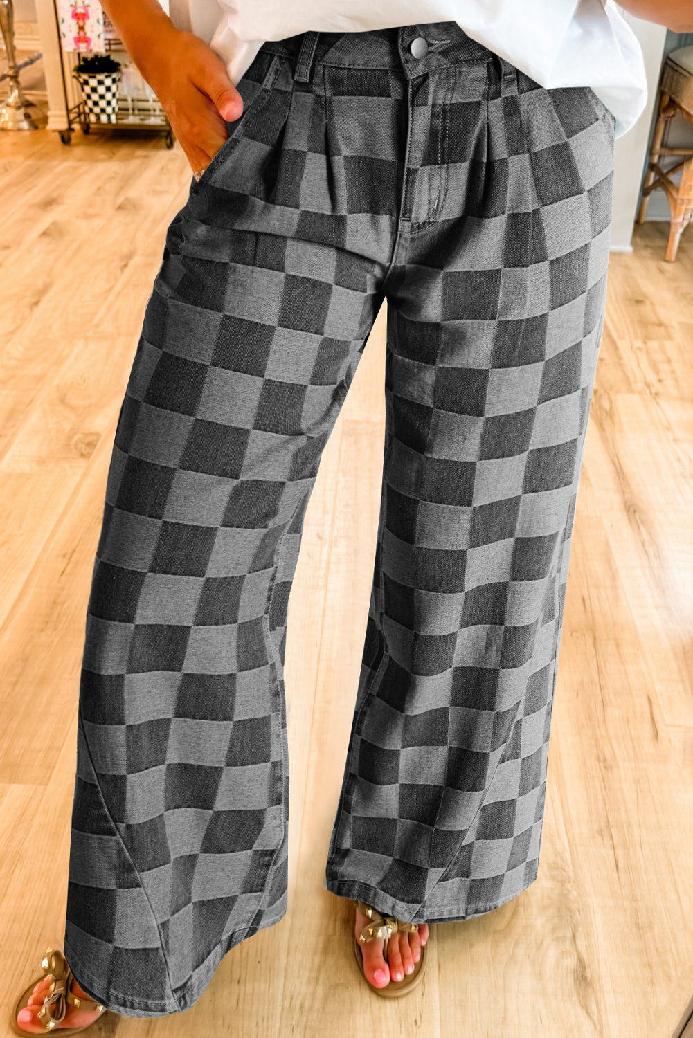 Gray Checkered Wide Leg Pants