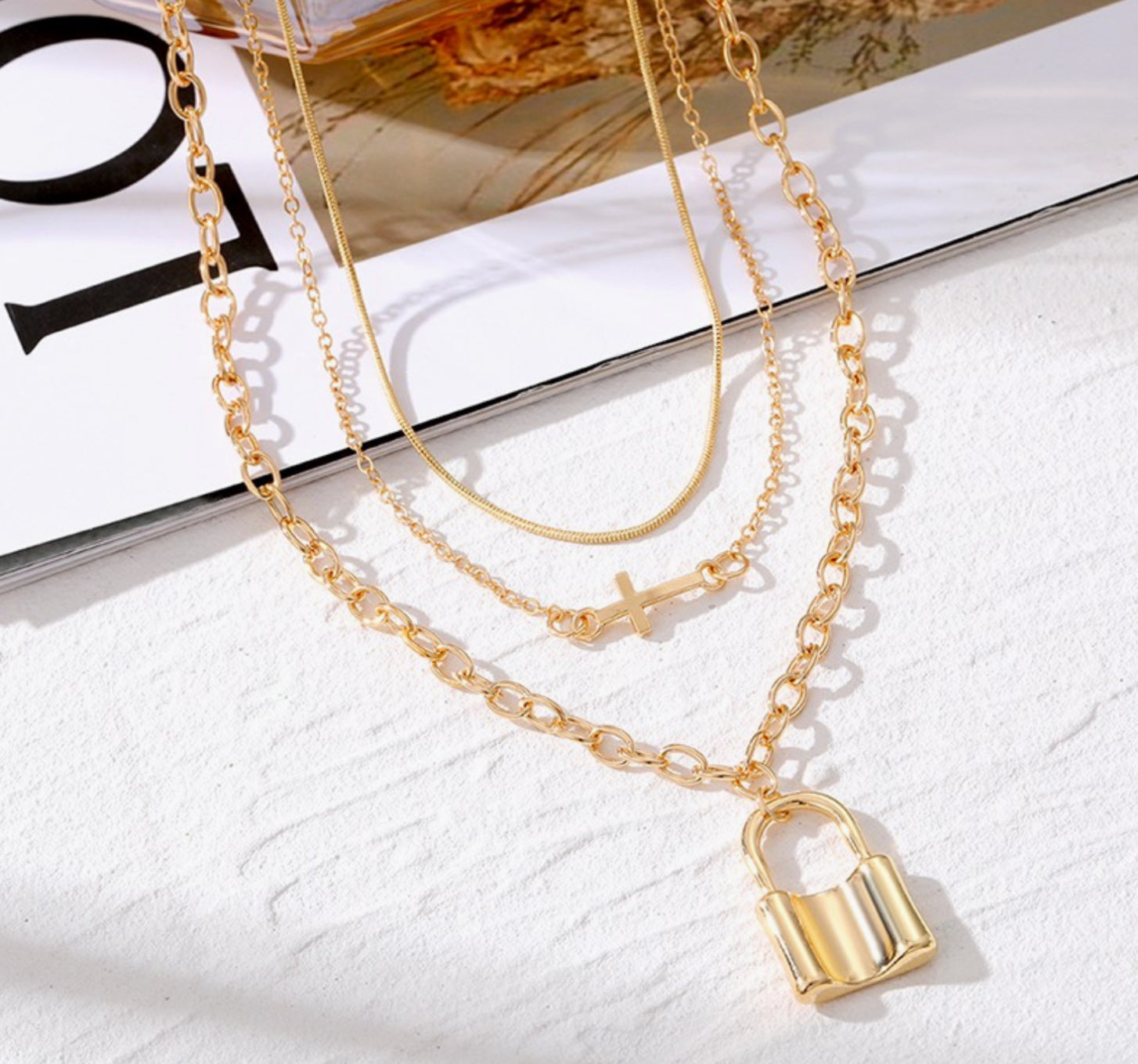 Lock and cross layered necklace