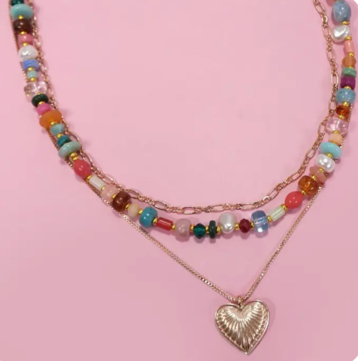 Multi layered beaded heart necklace