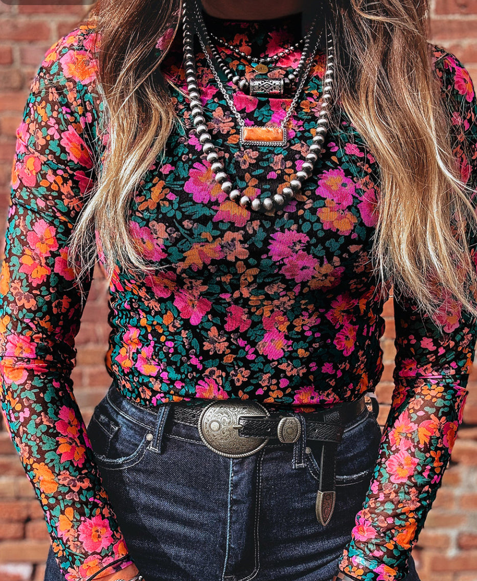Dark floral mesh top