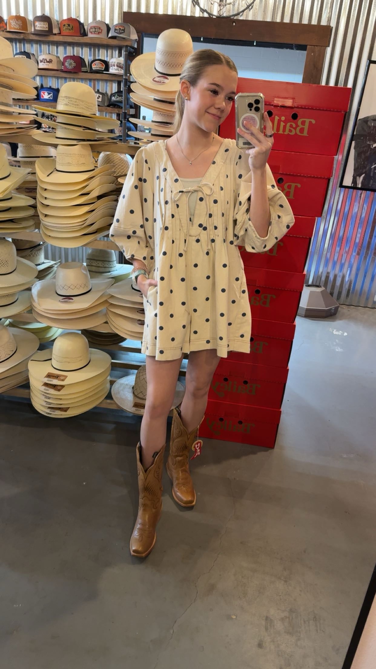 Polka dot denim romper