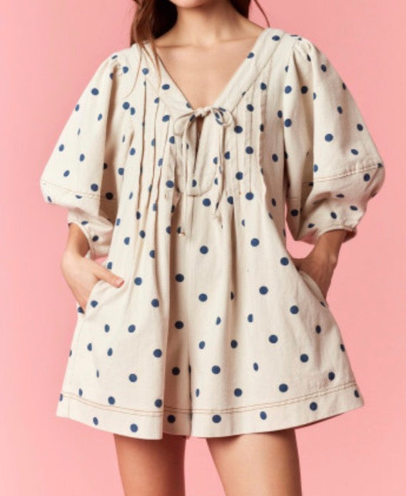 Polka dot denim romper