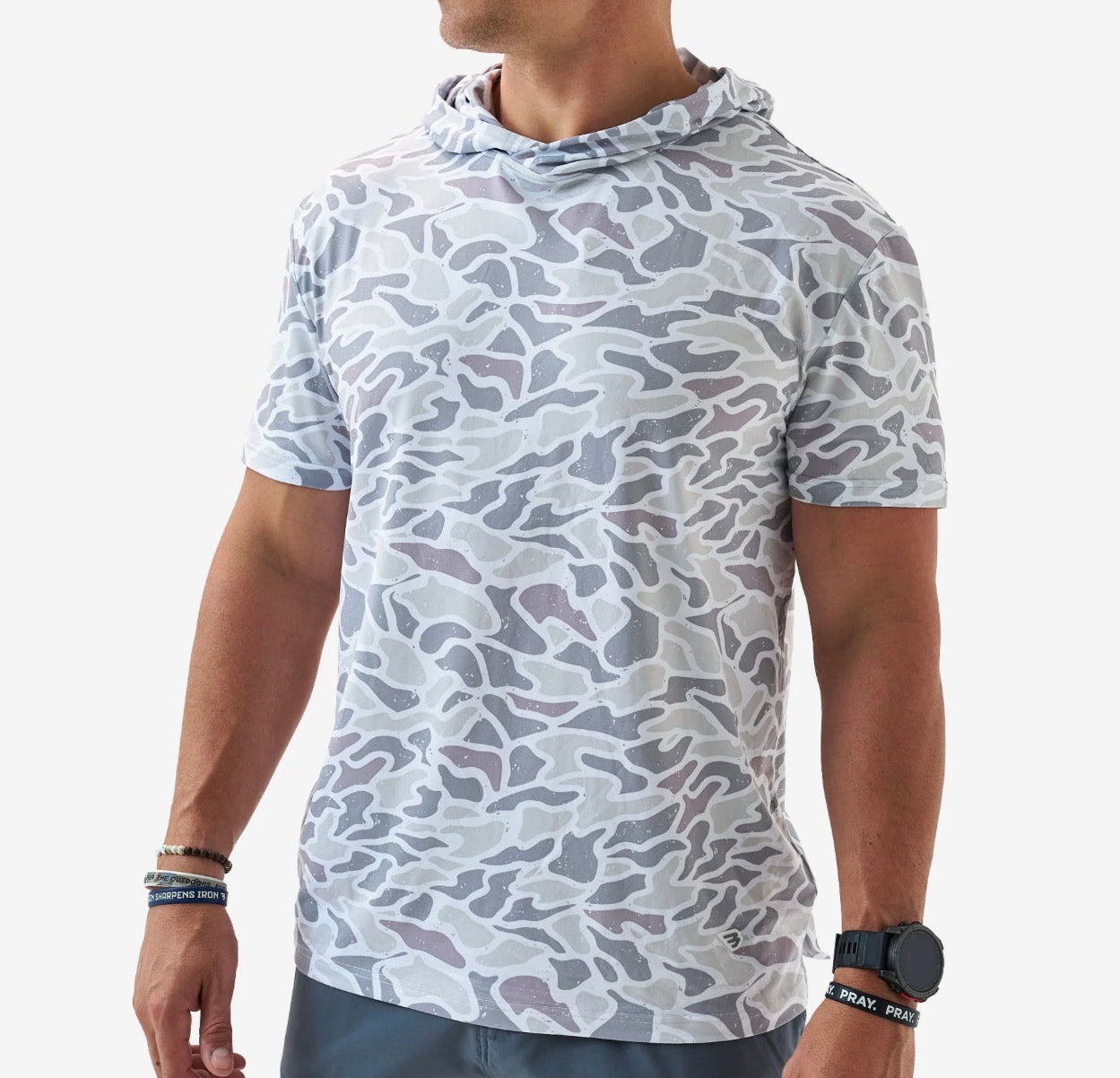 White camo short sleeve performance hoodie