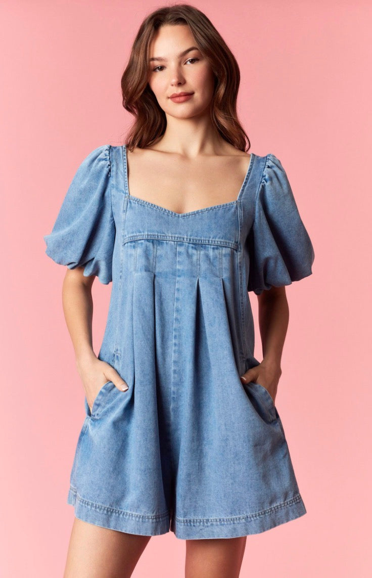 Peach love denim romper