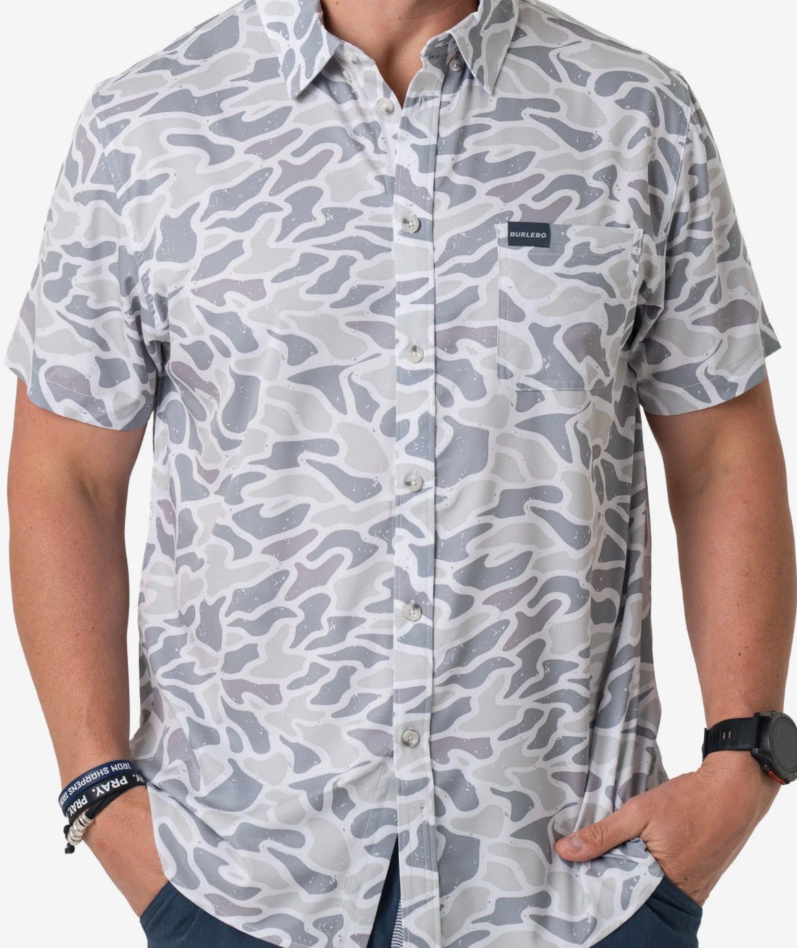 White camo performance button up