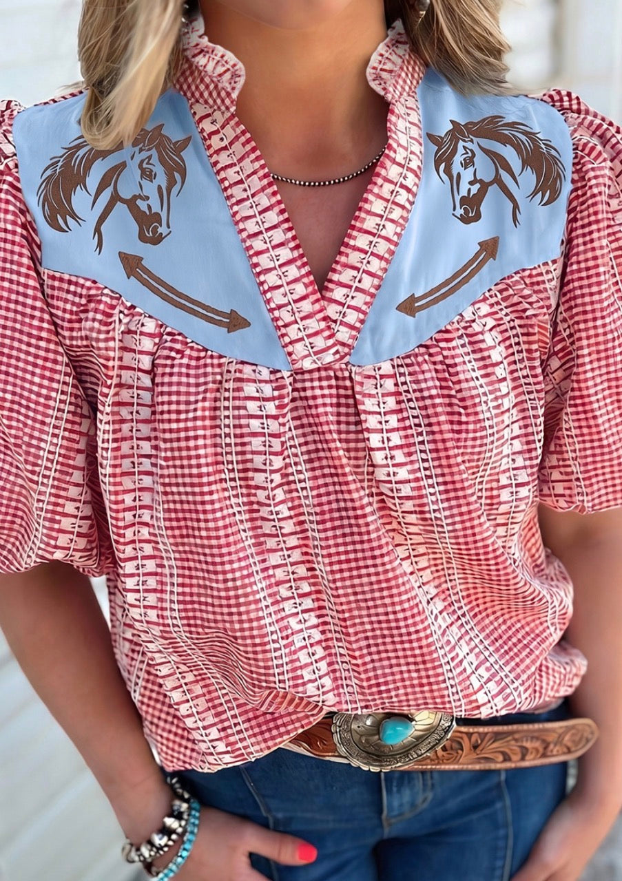 Gingham pony puff sleeve top