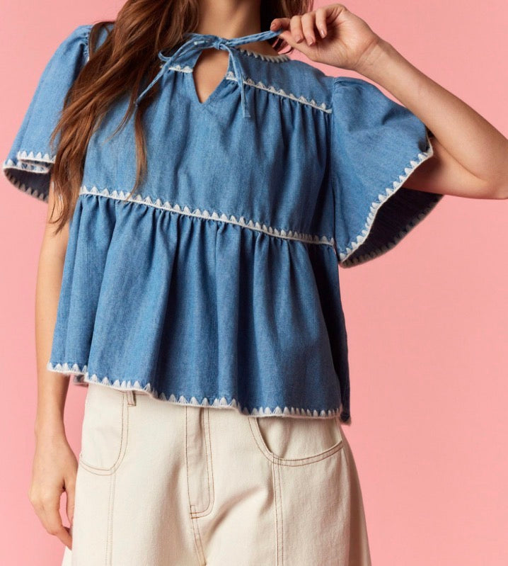 Peach love denim top